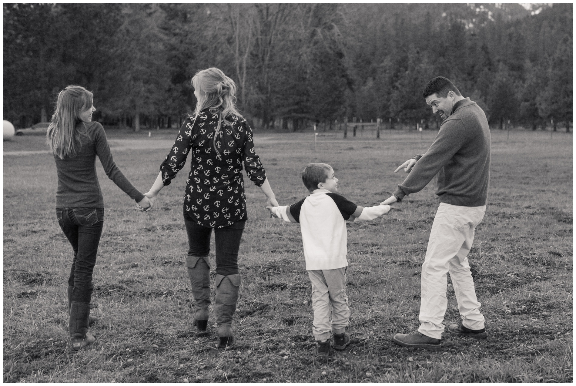 Family photos with pine forest in the background.