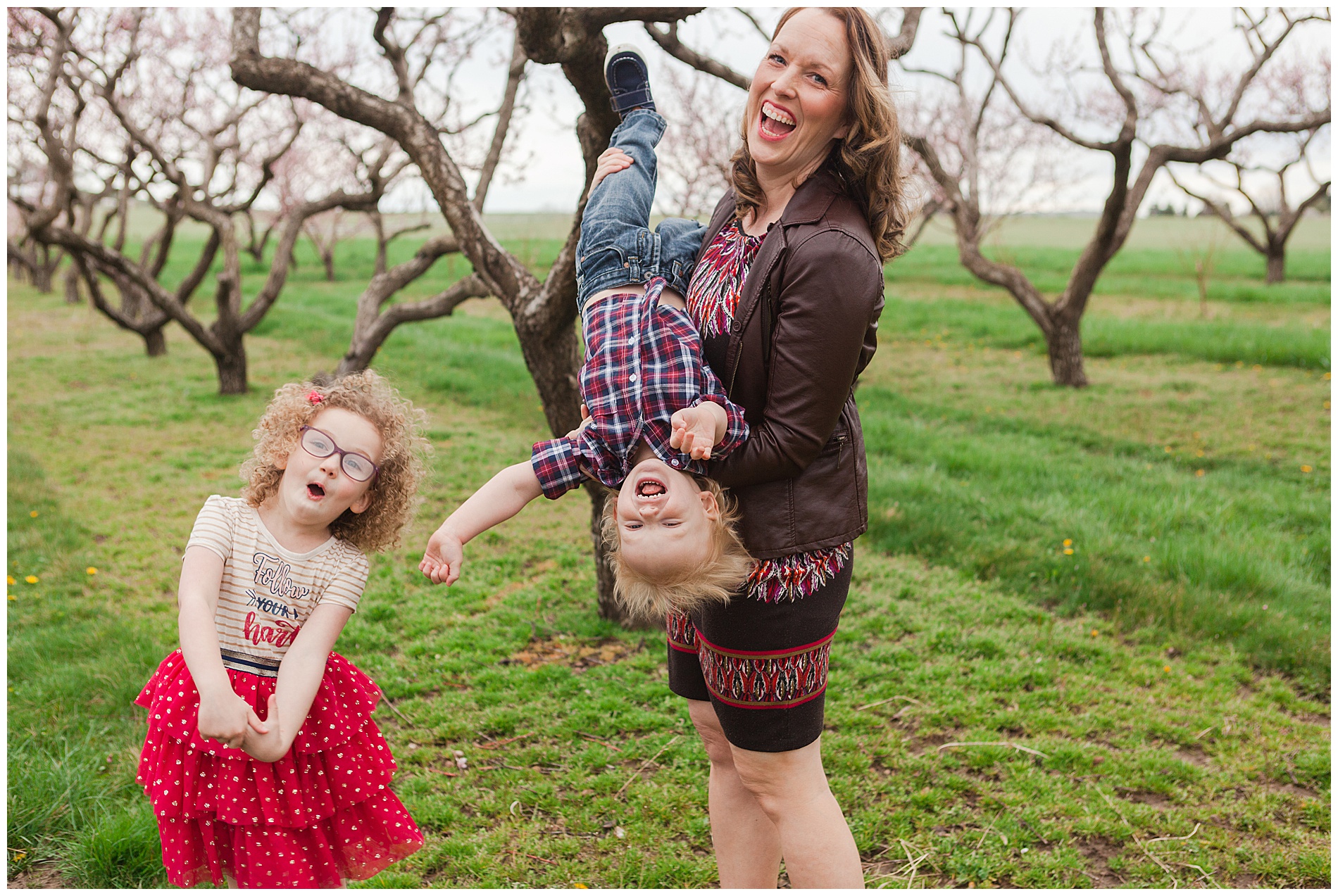 Fun and relaxed family portraits in a peach orchard with pink blossoms | Idaho family photographer | Robin Wheeler Photography