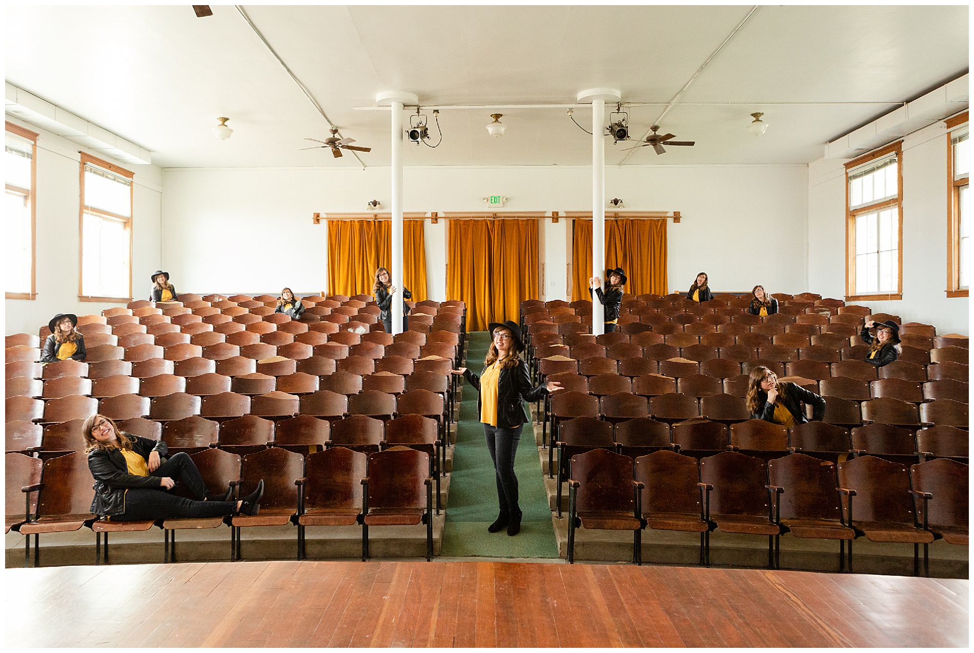 Composite senior photo of multiple exposures in a theater in Weiser, Idaho | Robin Wheeler Photography