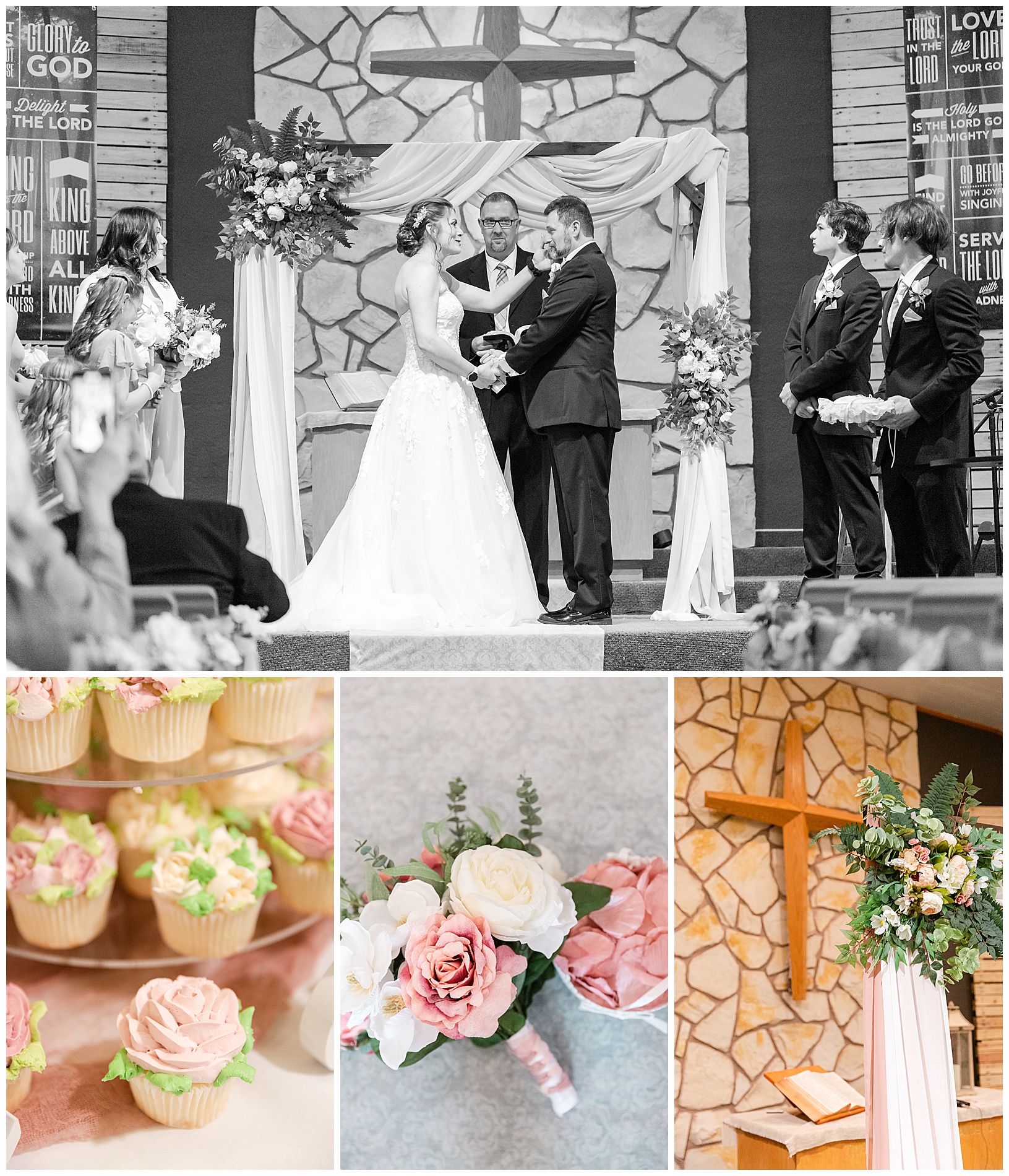 A collage of four photos from the wedding ceremony, cupcakes, the bride's bouquet, and details of the ceremony arch.