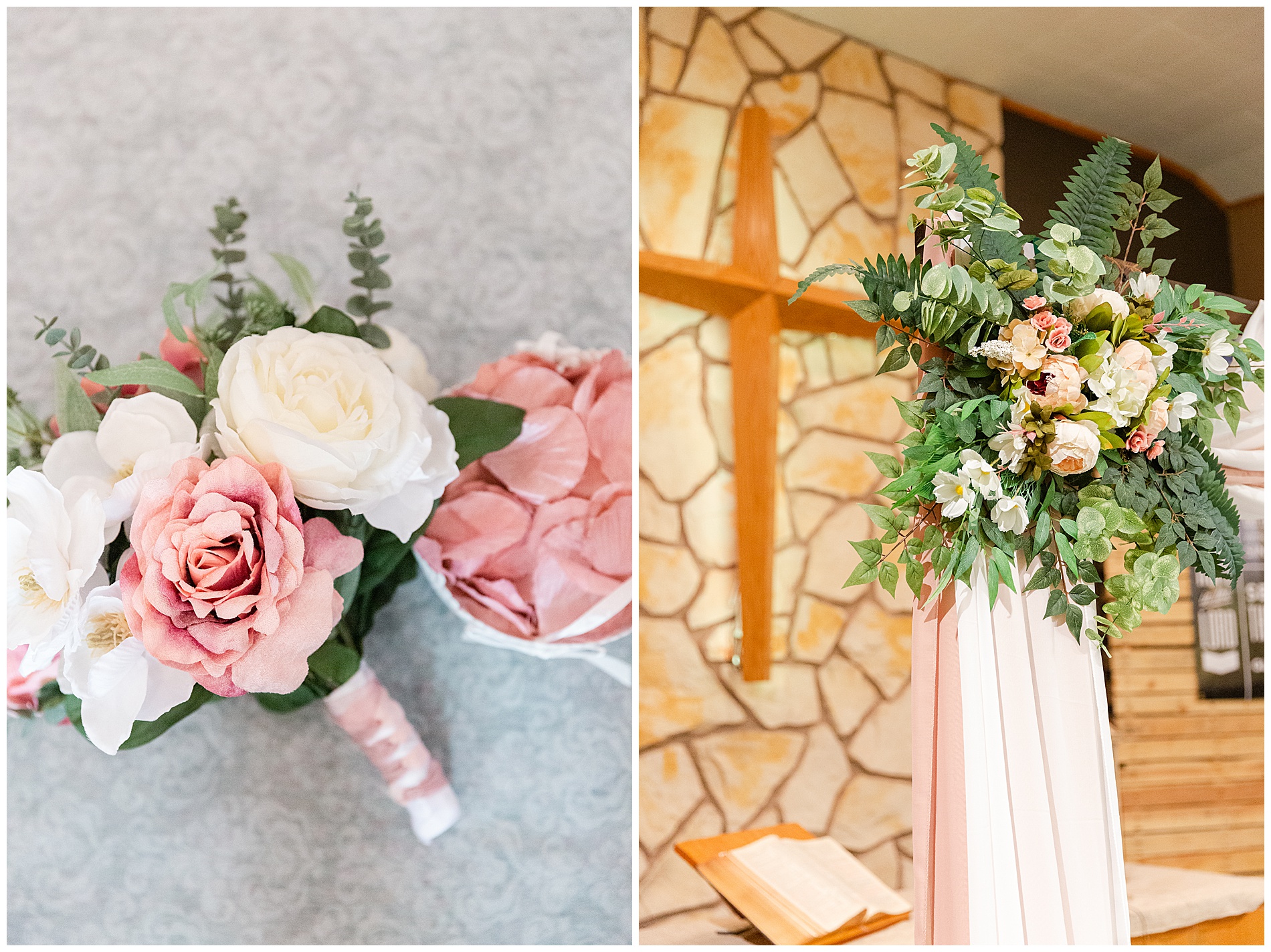 Bride's bouquet and floral arrangement on the ceremony arch