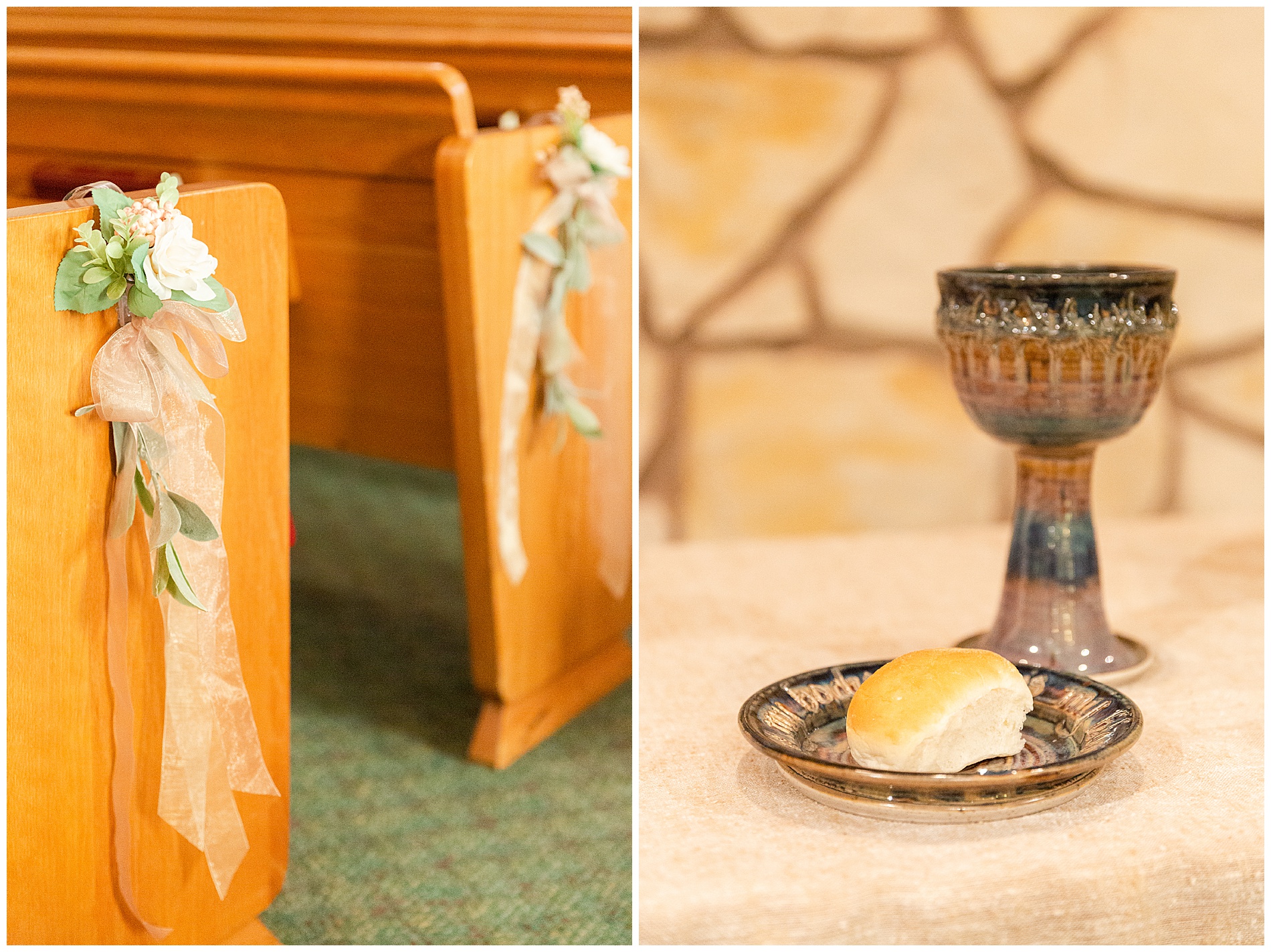 Aisle decor, and a cup and bread for communion