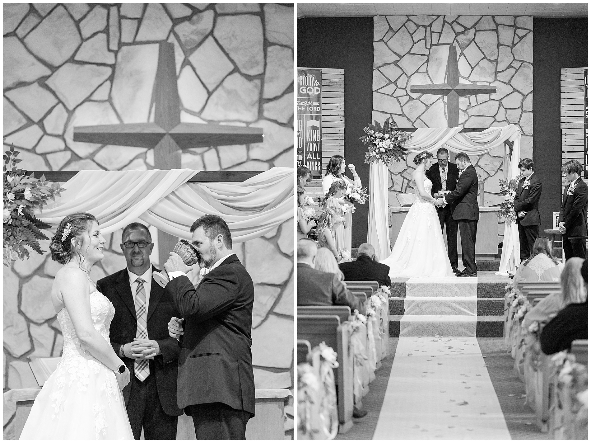 Left: communion; right: the pastor prays for the couple