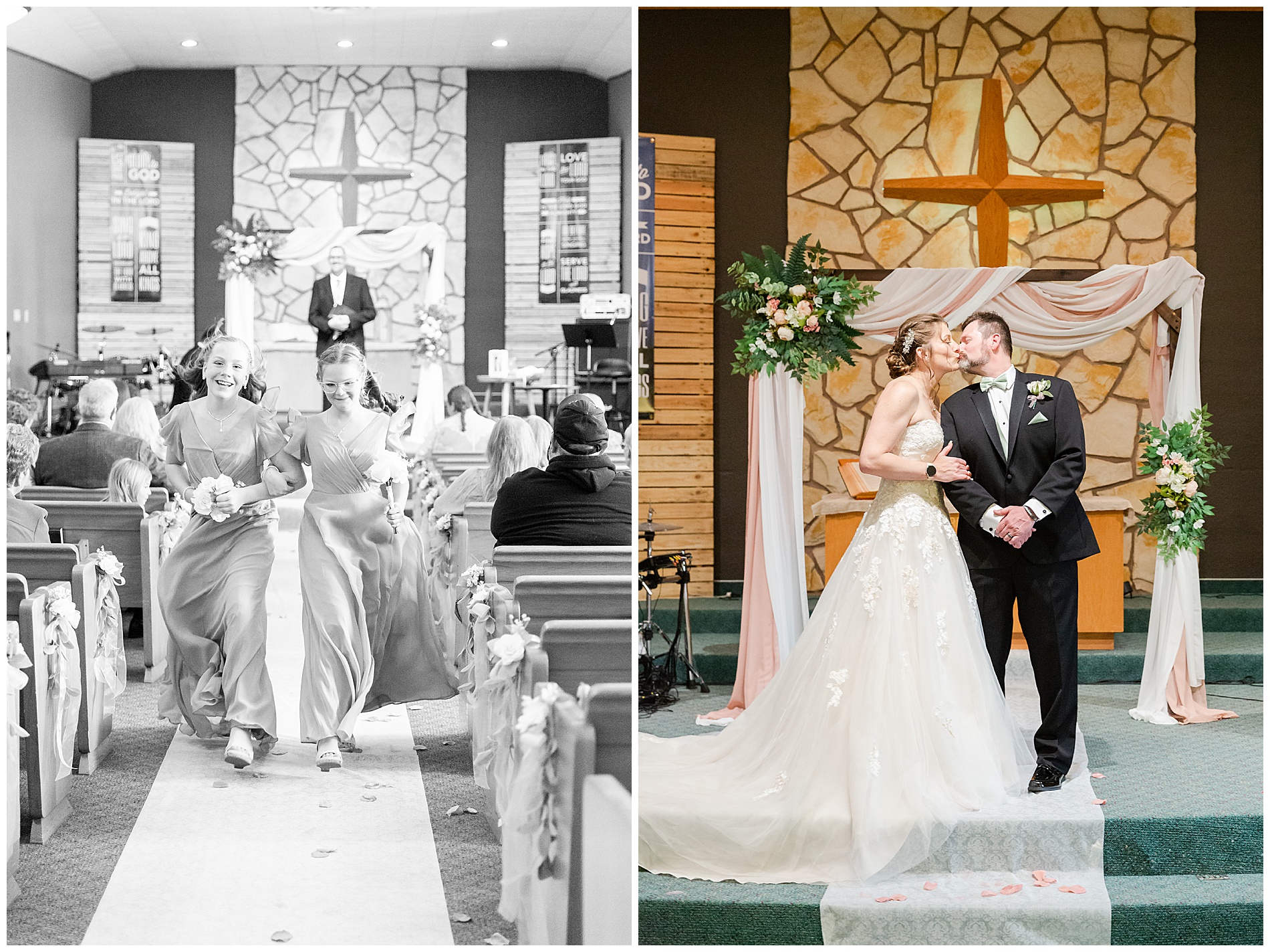 Derrick and Amanda's daughters skip back down the aisle; the bride and groom share a kiss