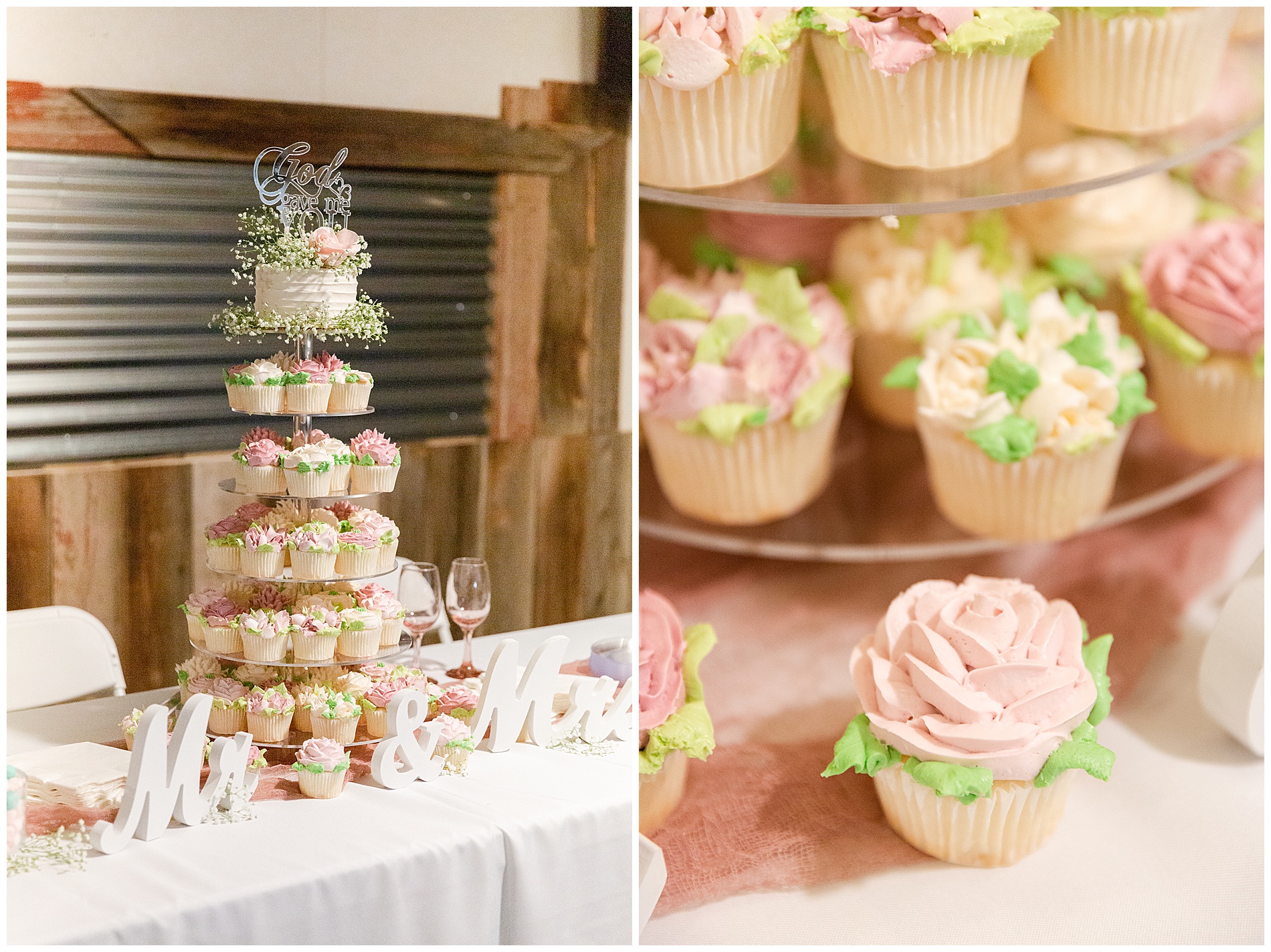 The wedding cake and cupcakes