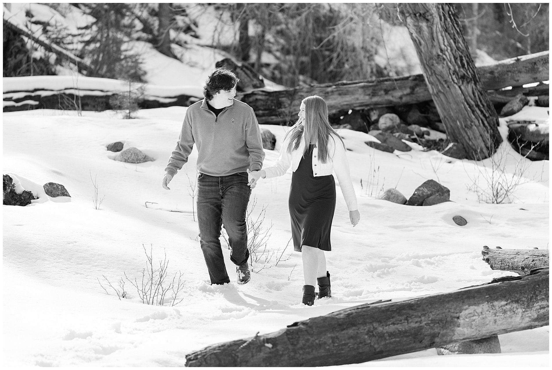 Winter engagement photo with snow