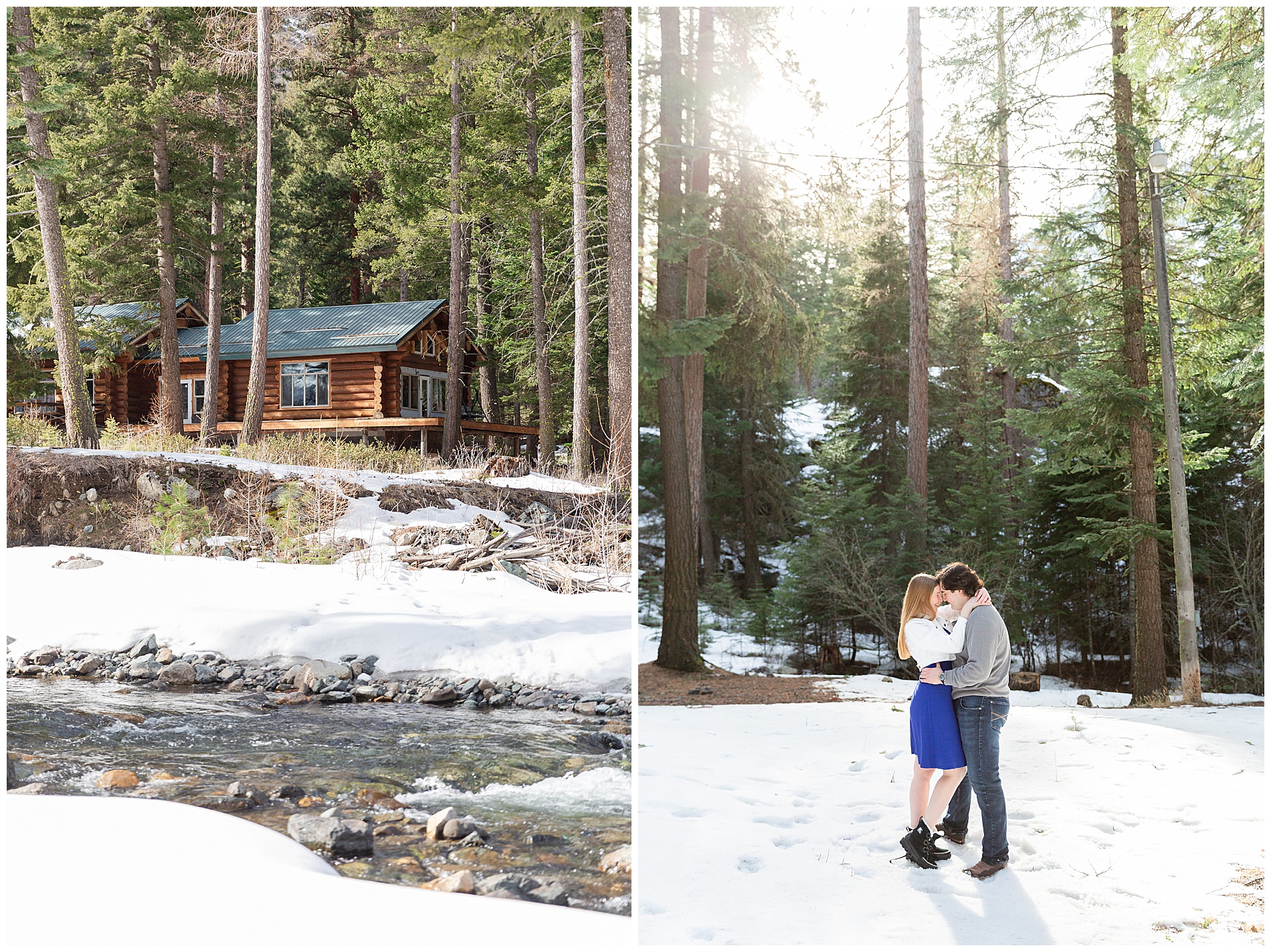 Log cabin and snowy engagement photos at Wallowa Lake