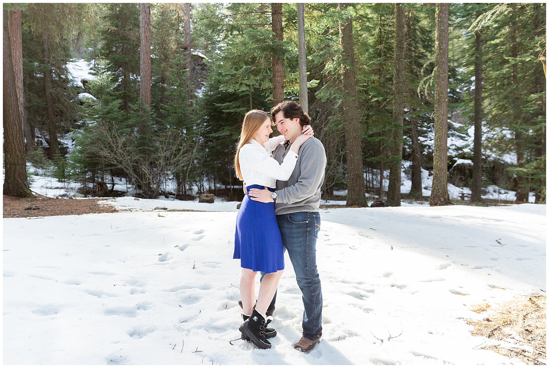 Engaged couple in the snow surrounded by tall pine trees