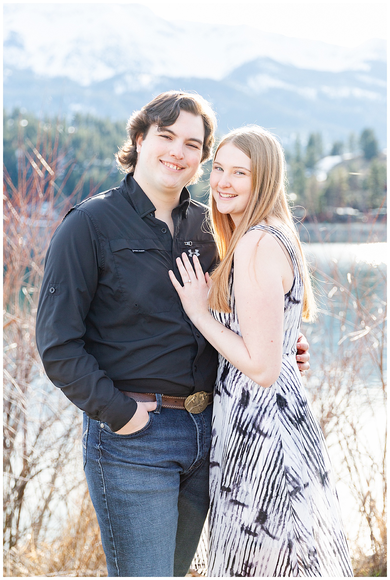 Engagement photos with black and gray outfits