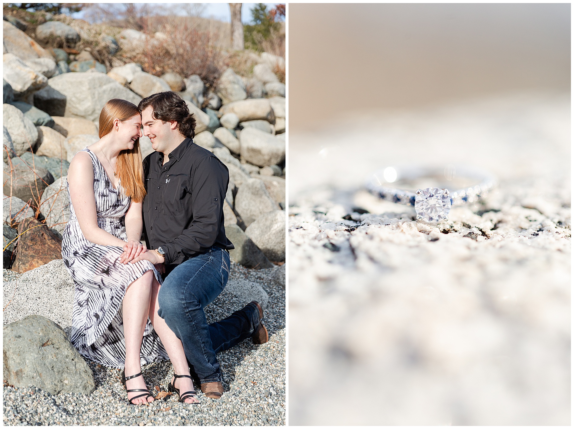 Couple sitting together on the rocks at Wallowa Lake Park; engagement ring with blue diamonds in the band