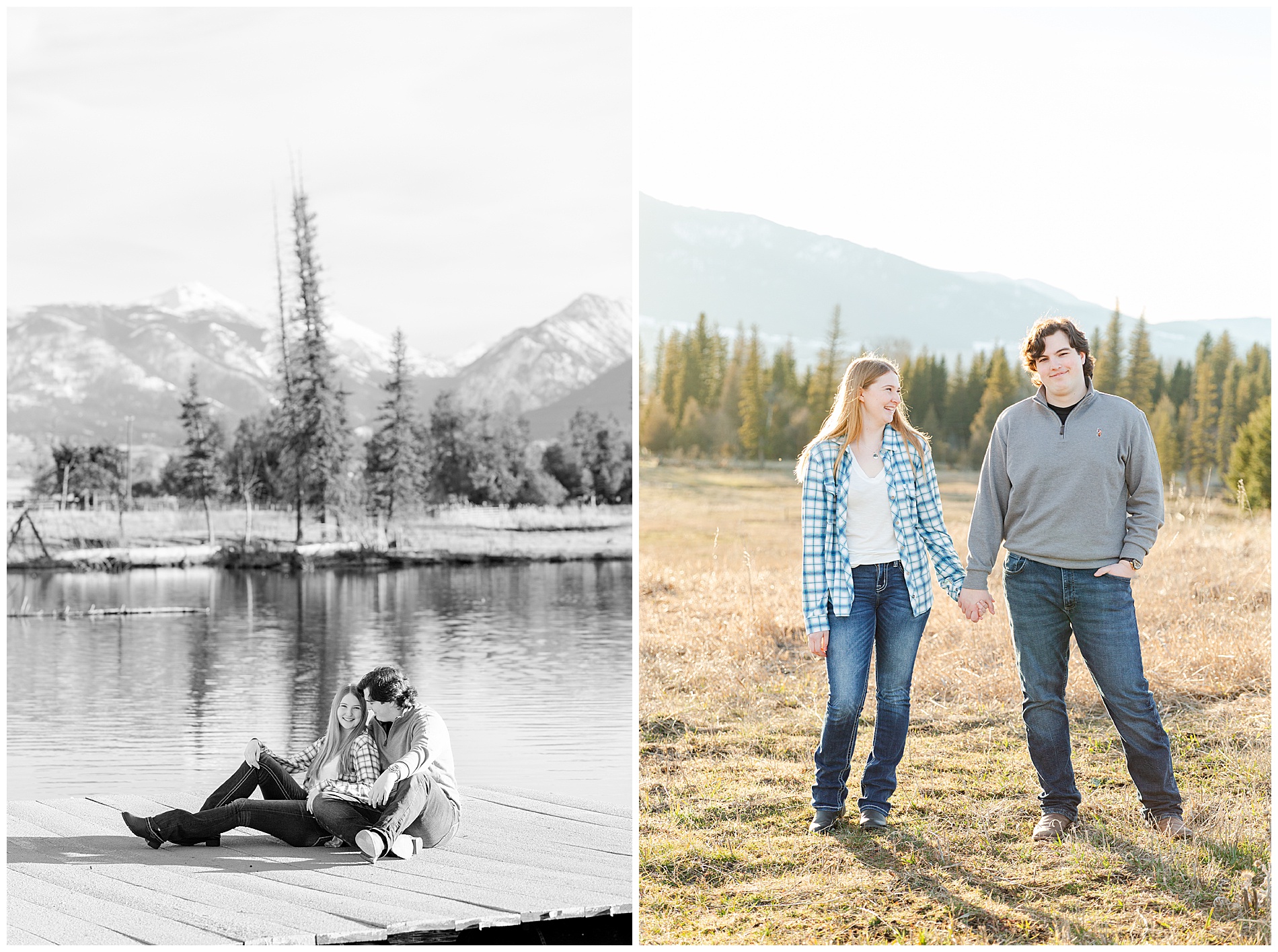 The couple sits on a dock with the Wallowa mountains behind them; hand-in-hand in a field