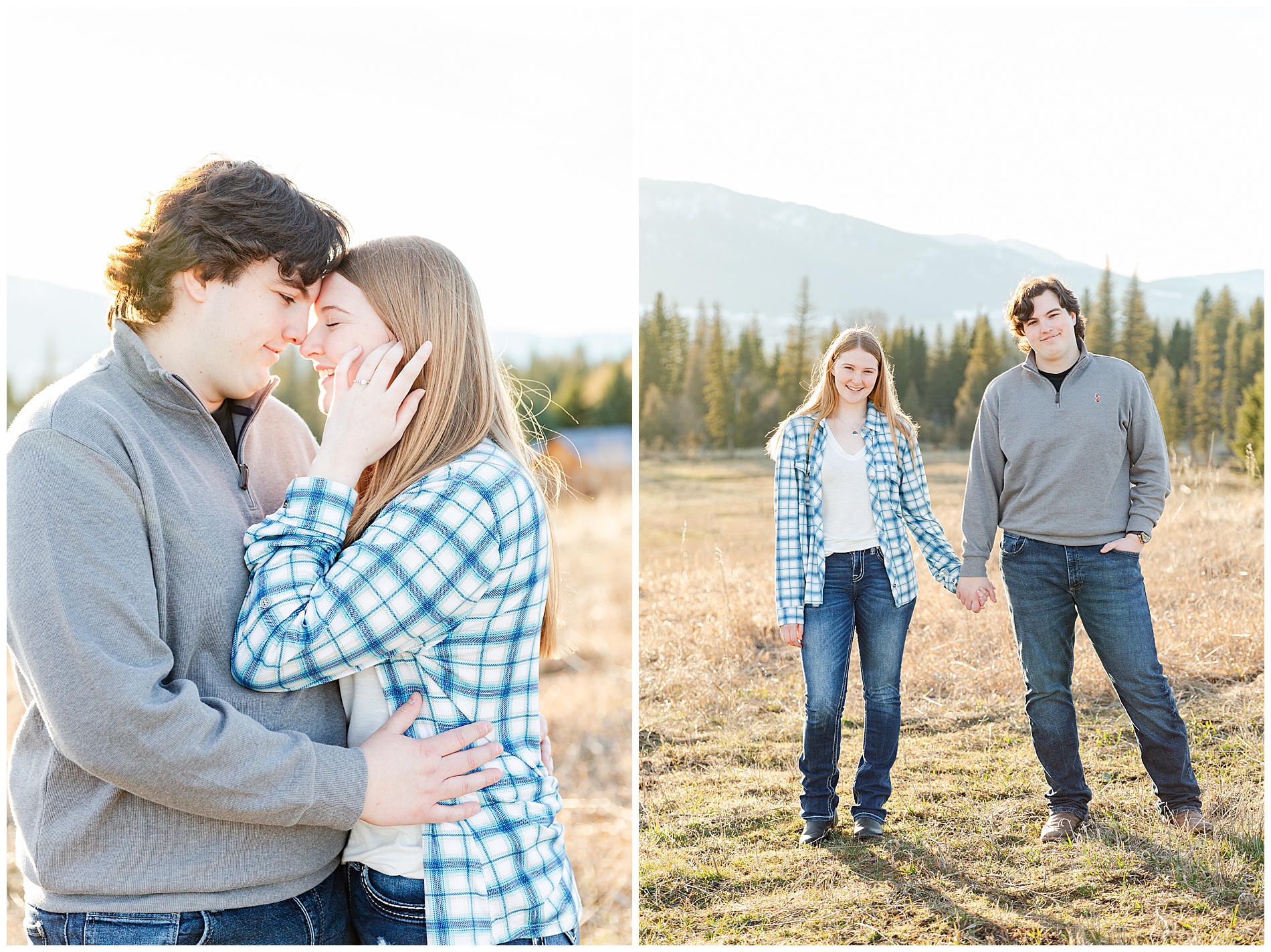 Two photos side by side of the engaged couple with golden fields and evergreen trees behind them in the distance