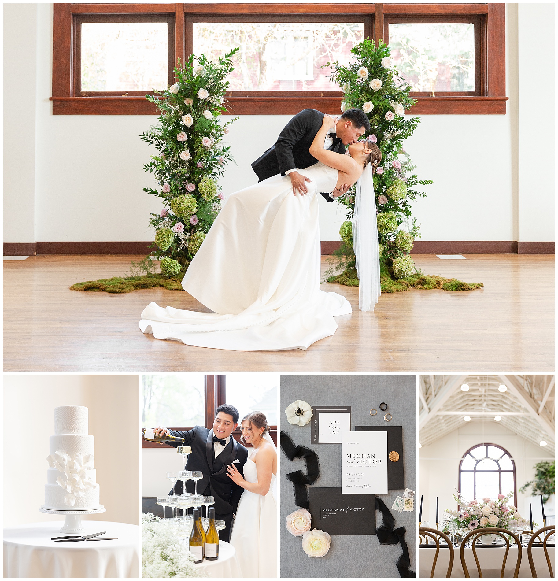 Collage: the wedding couple in a dip kiss, beautiful white wedding cake, pouring a champagne tower, invitation suite, and reception table.