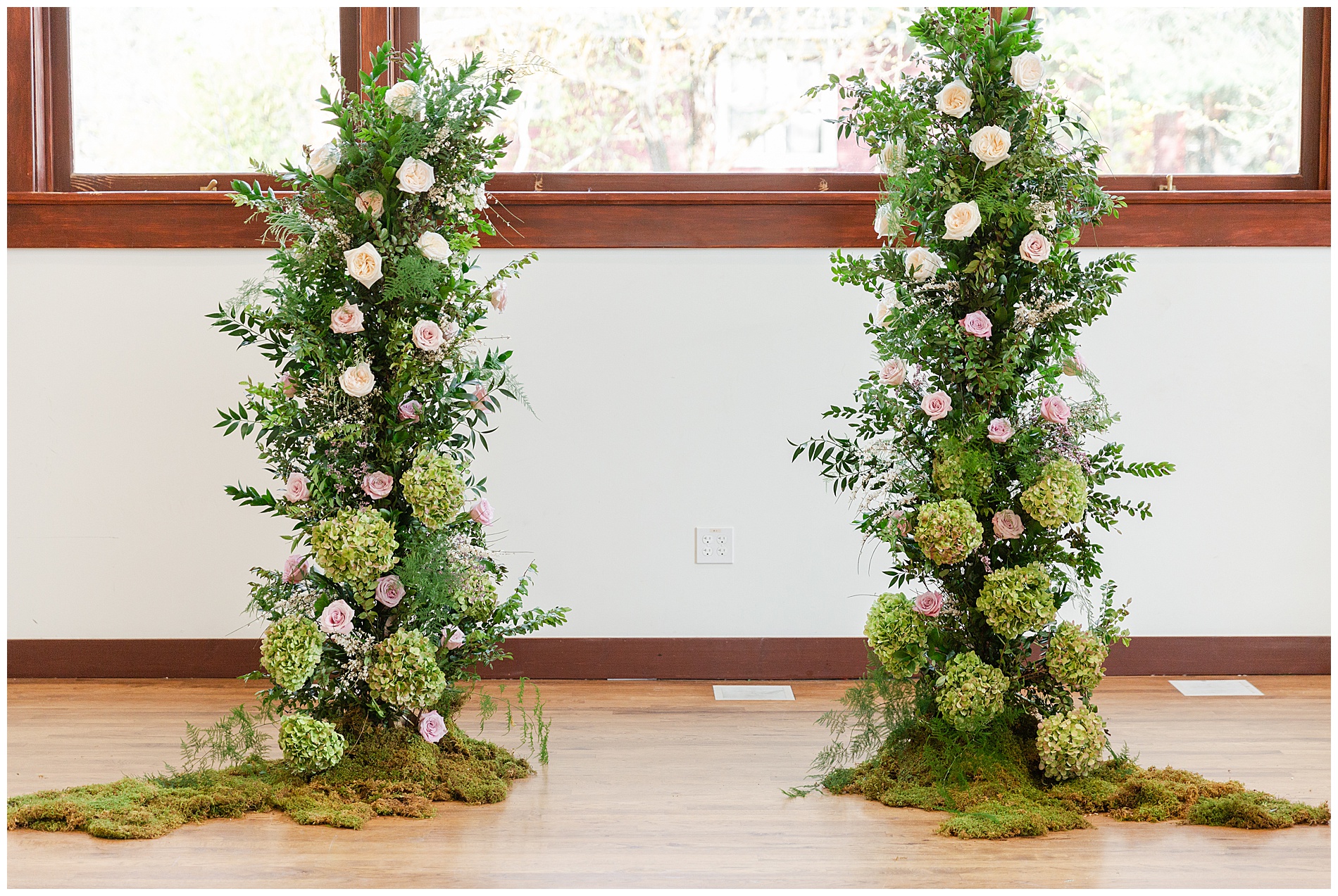 These two towers of flowers and greenery marked the ceremony location