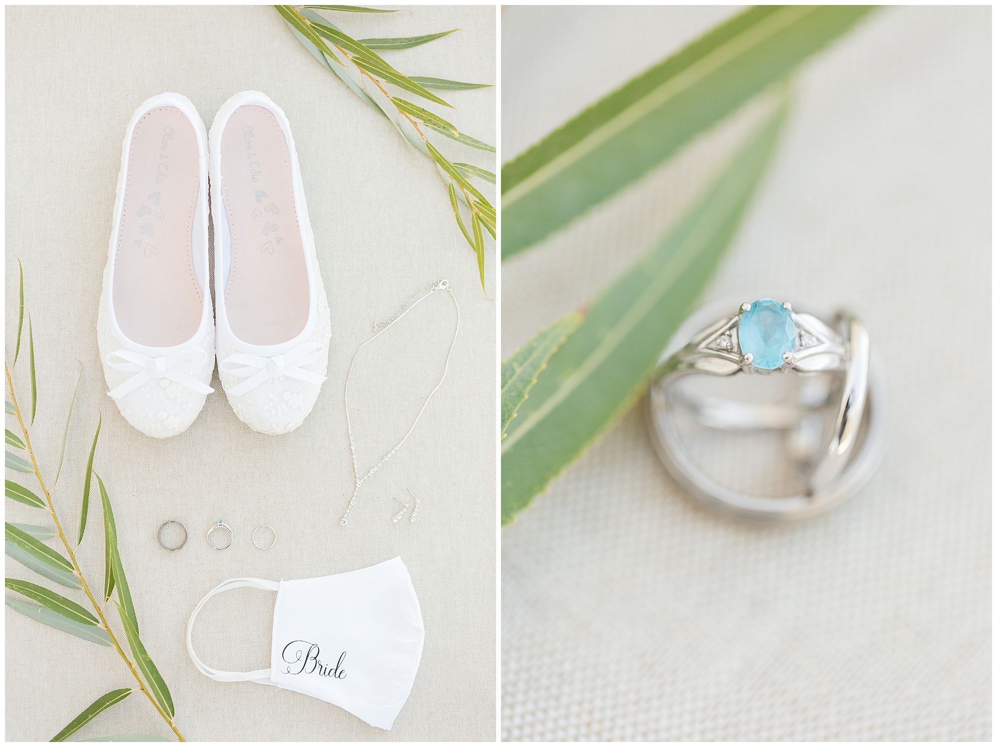 Left: a flat lay image of the bride's shoes, jewelry, "Bride" face covering, and the wedding rings; right: all three wedding rings