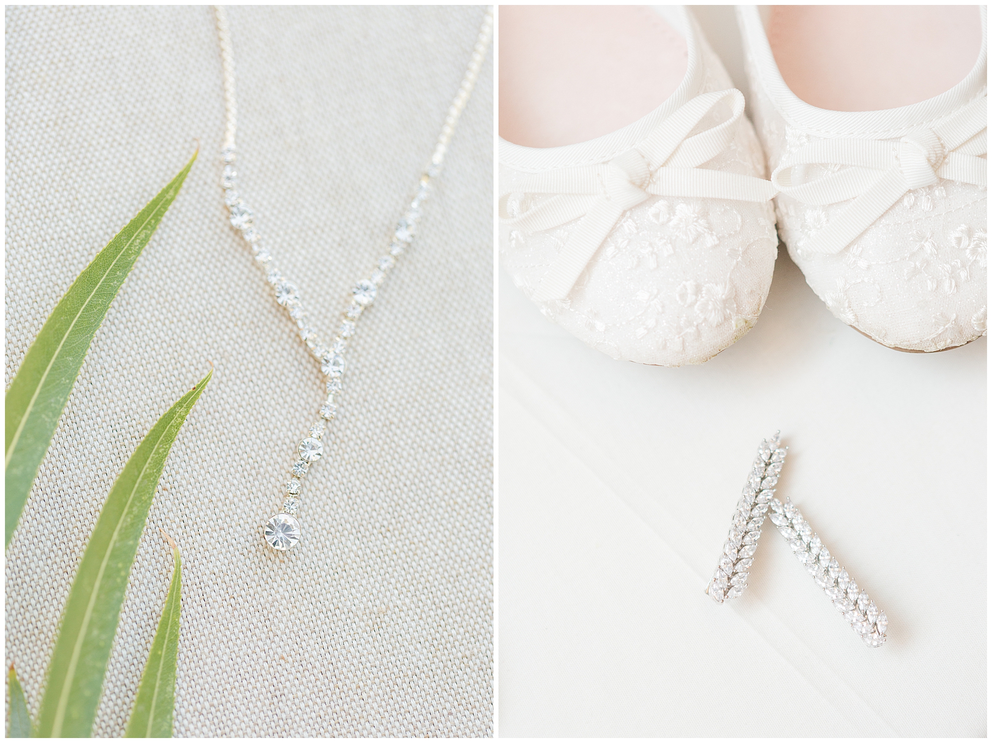 The bride's jewel-studded necklace next to an image of her white ballet flats and jewel-studded hair pins