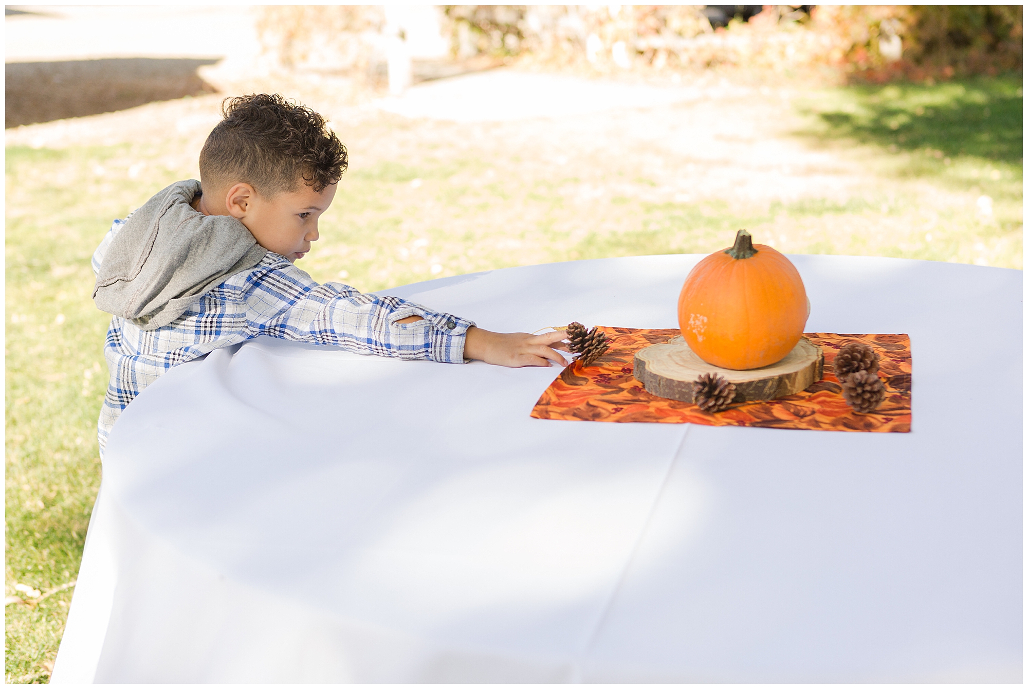 A boy reaches for a pinecone that is part of a reception table centerpiece