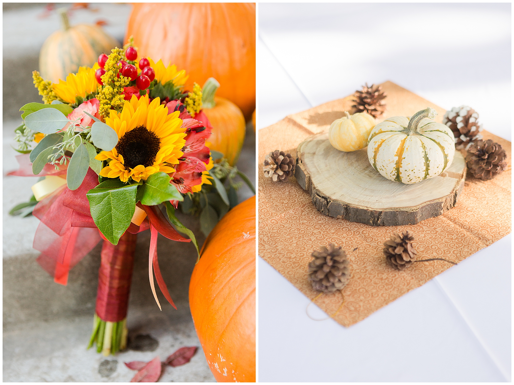 The bride's sunflower bouquet placed in front of several orange pumpkins; mini pumpkins on a wood slice on a reception table