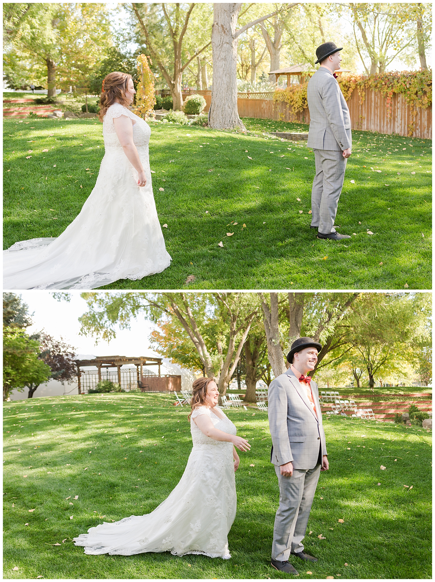 Two images of the bride walking up behind her groom to see each other for the first time on their wedding day