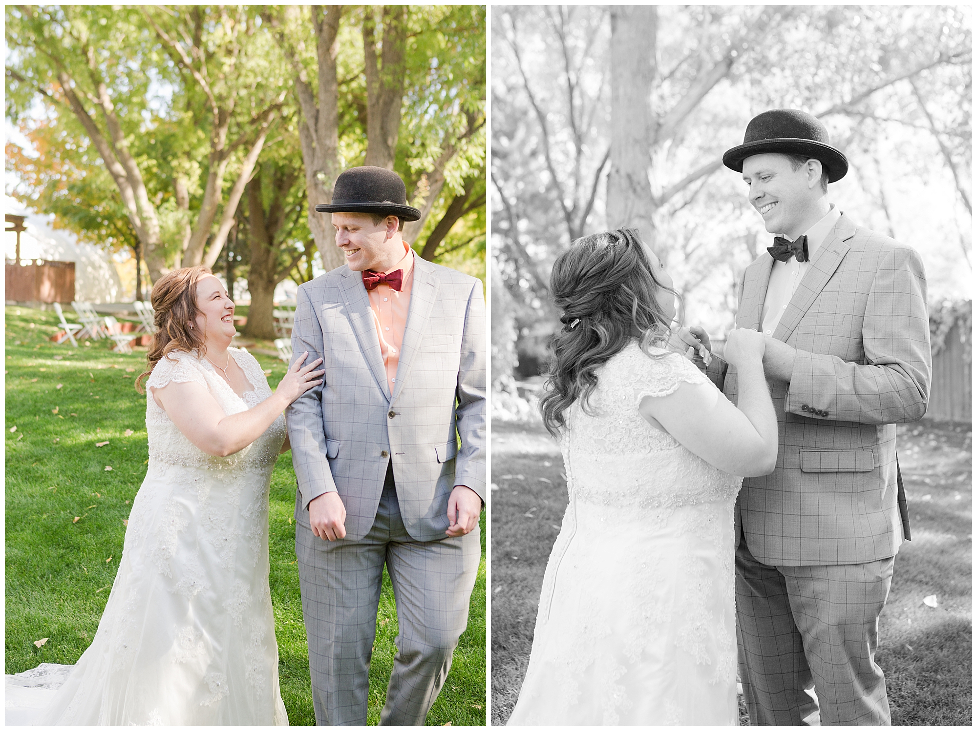 The bride touches her groom's arm to let him know he can turn around and see her