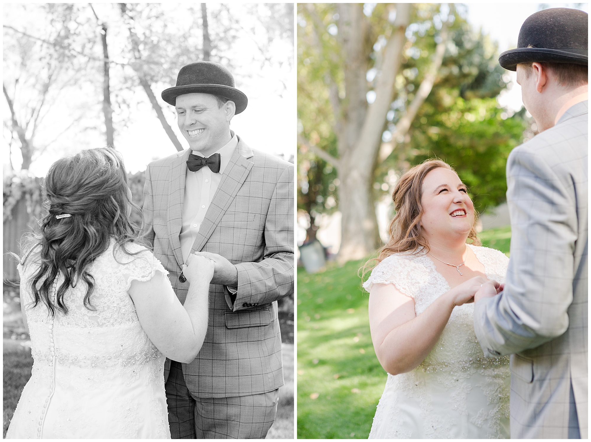 Two images: the groom seeing his bride for the first time on the wedding day, the other is the bride smiling at him during the same moment