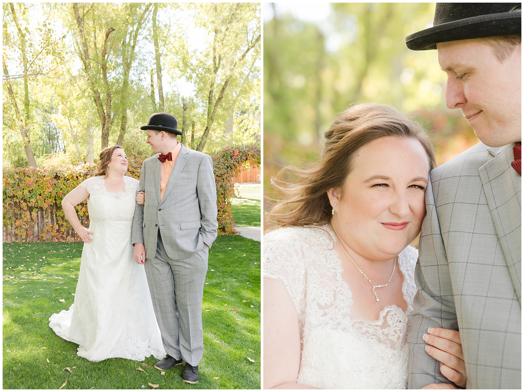 The groom holds out his arm as if he's escorting his bride