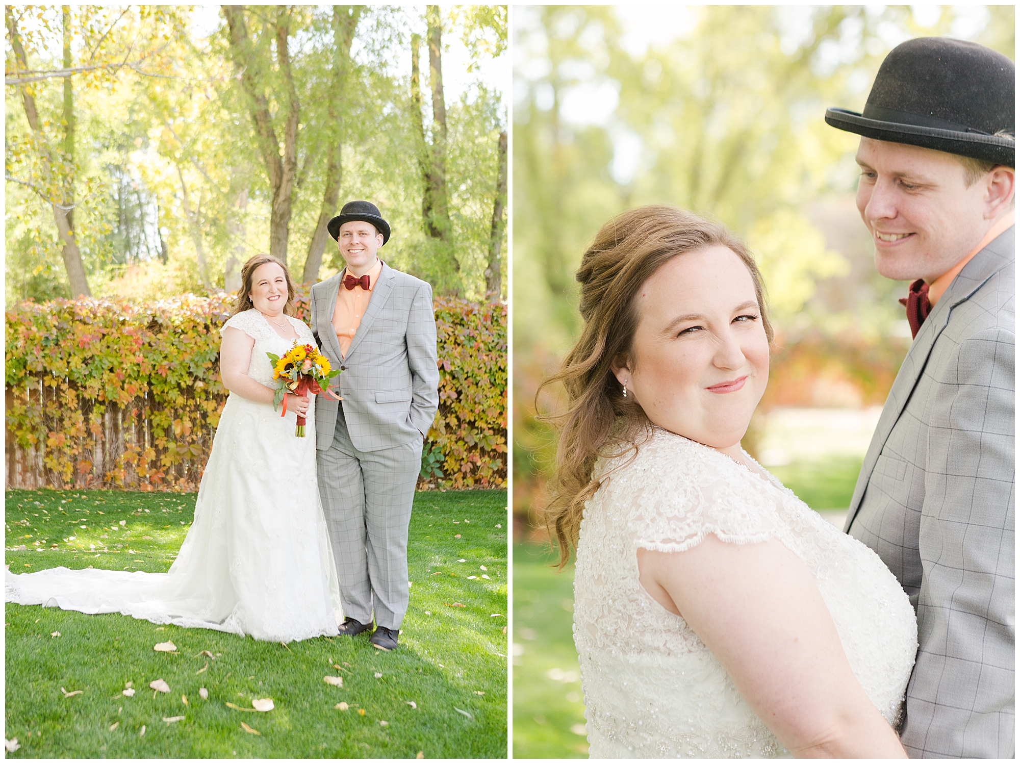 A portrait of the bride and groom; a photo of the bride smiling at the camera