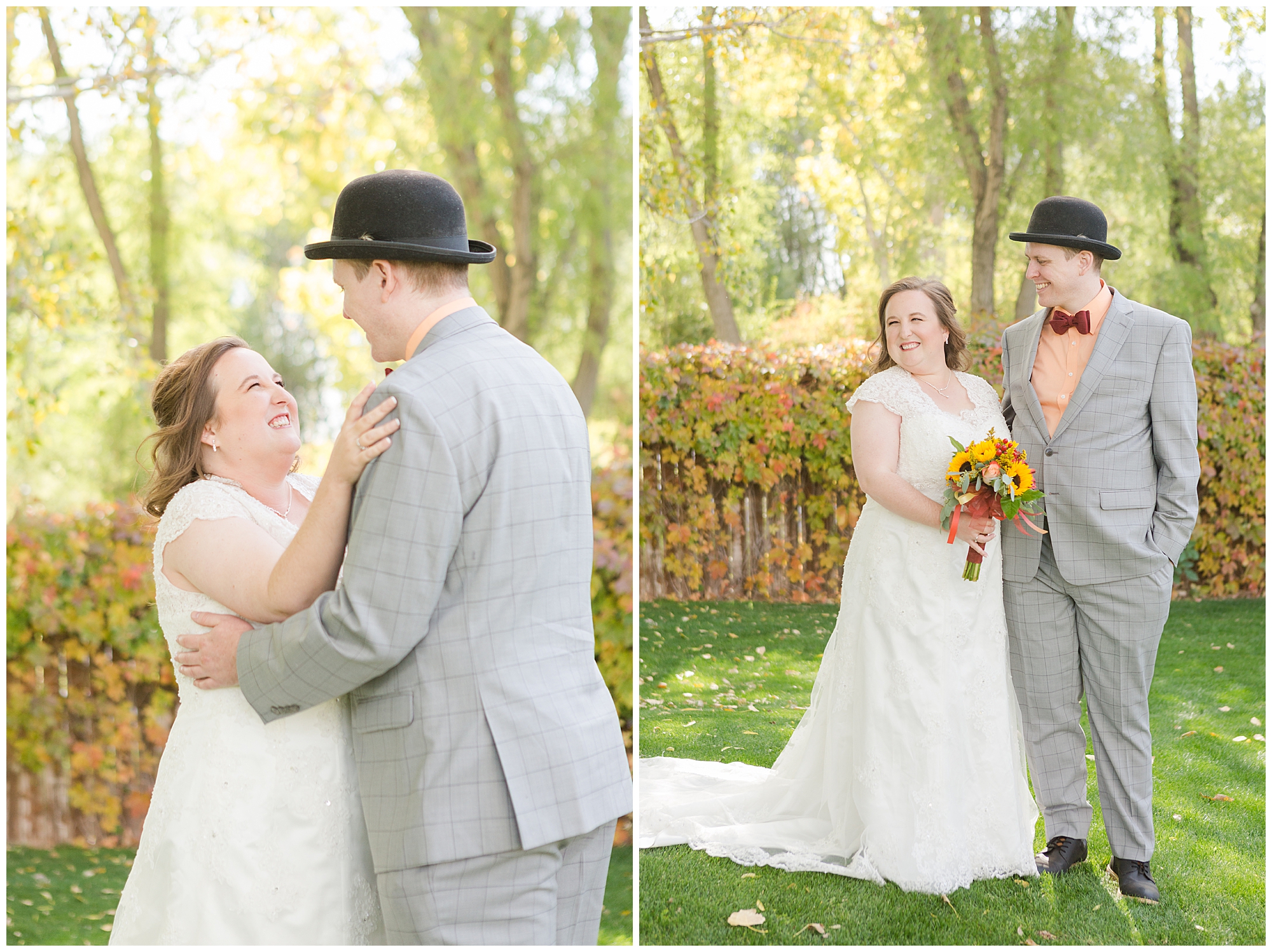 Two photos of the couple smiling big after seeing each other for the first time on their wedding day in Nampa, Idaho