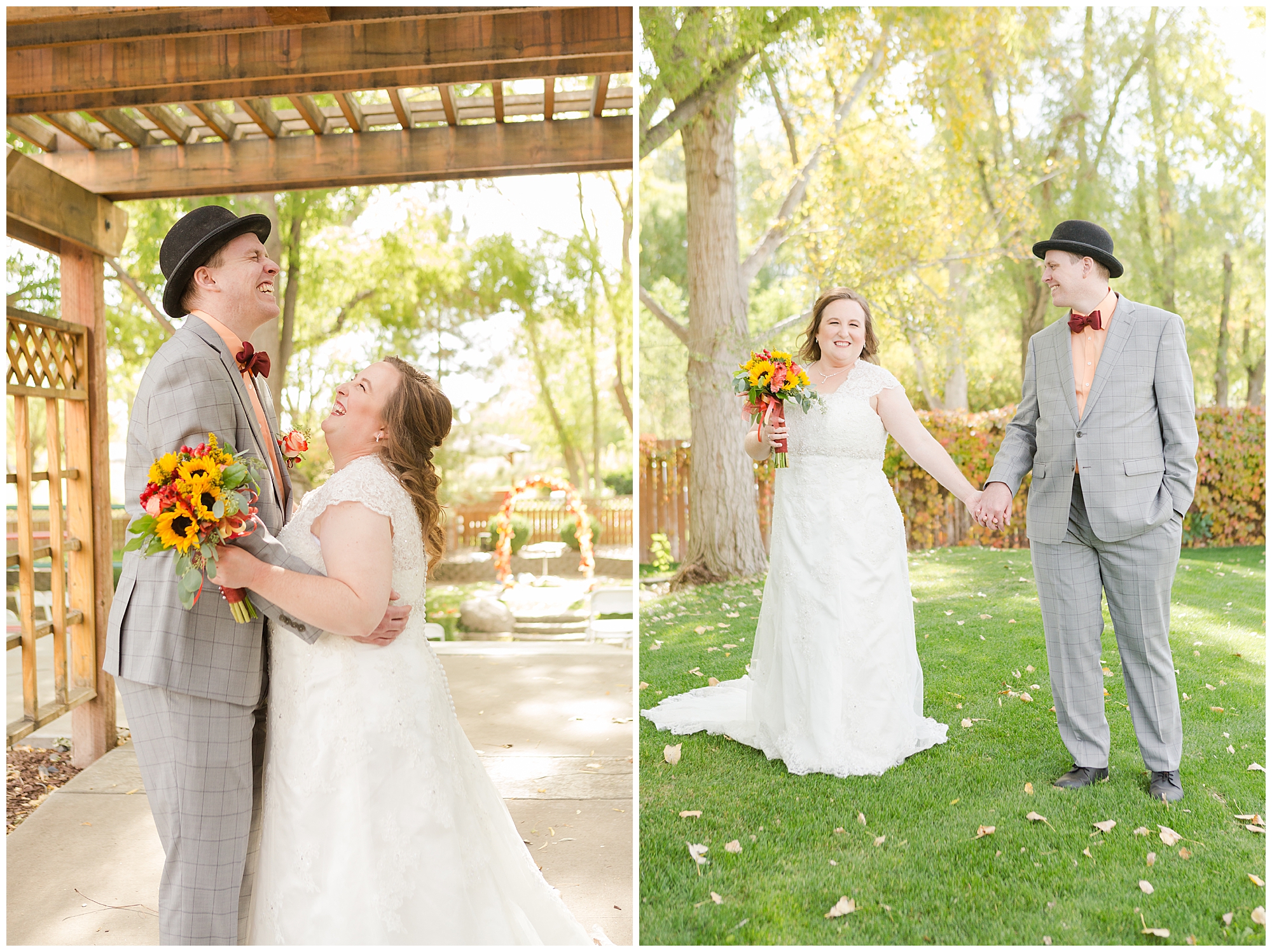 Bride and groom laughing under an arbor, another photo of them holding hands under large trees