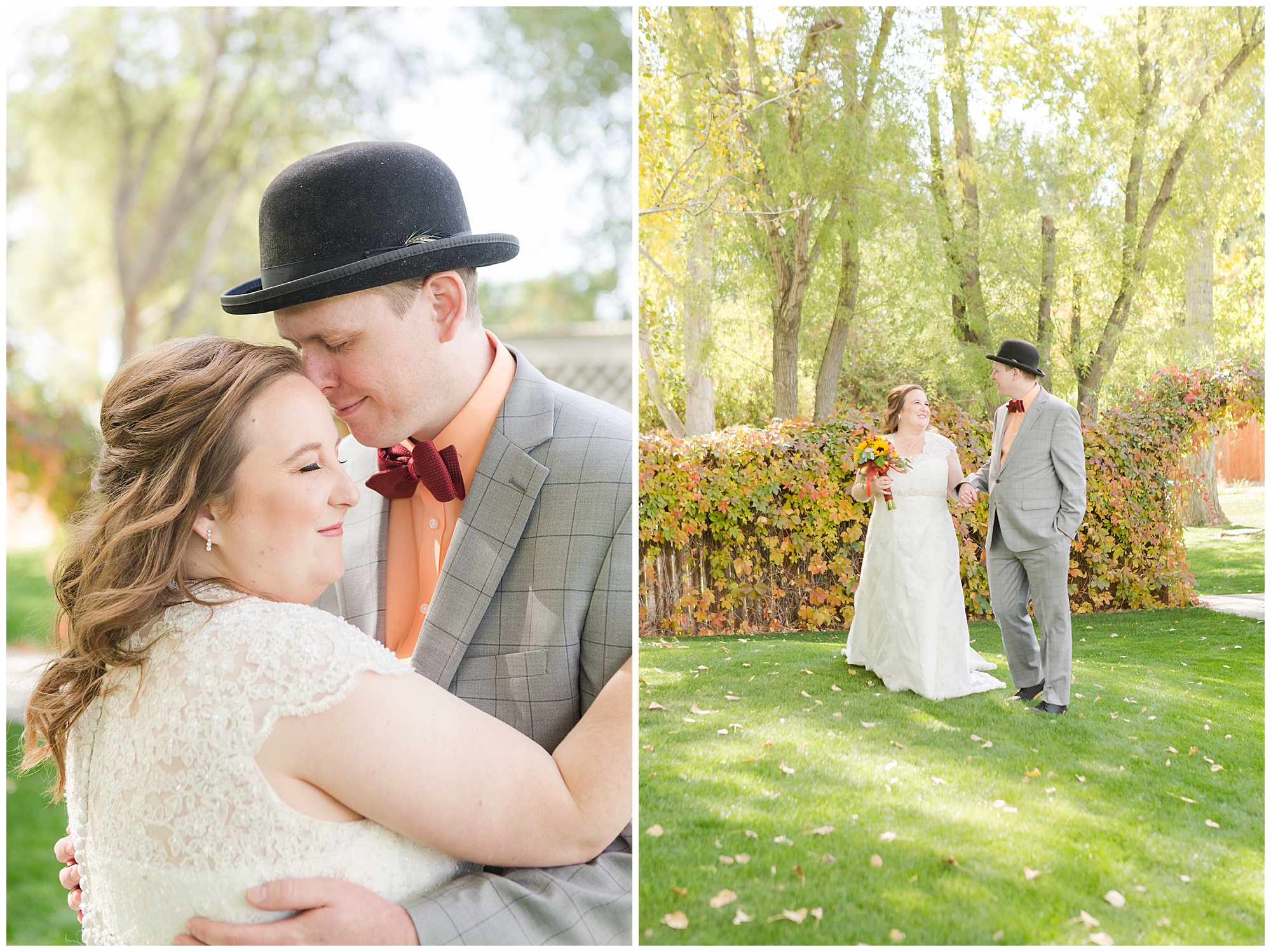 Two photos of the couple, one snuggled up close and the other farther back as they're walking together