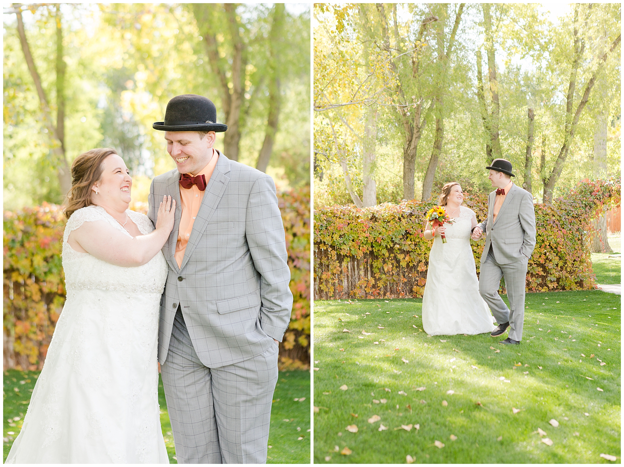 Two portraits of a bride and groom outdoors in autumn