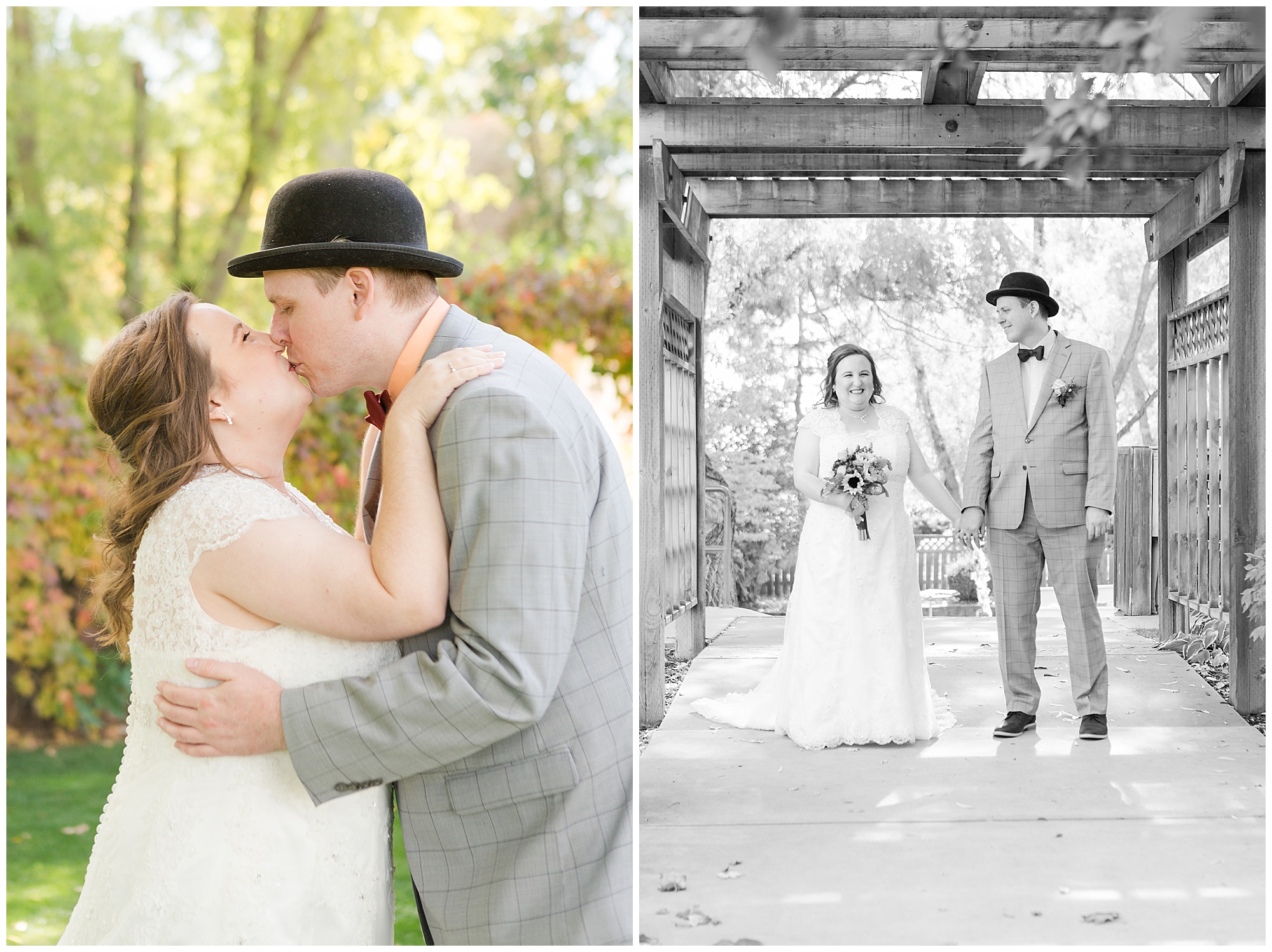 Two photos of the bride and groom: one kissing, one holding hands