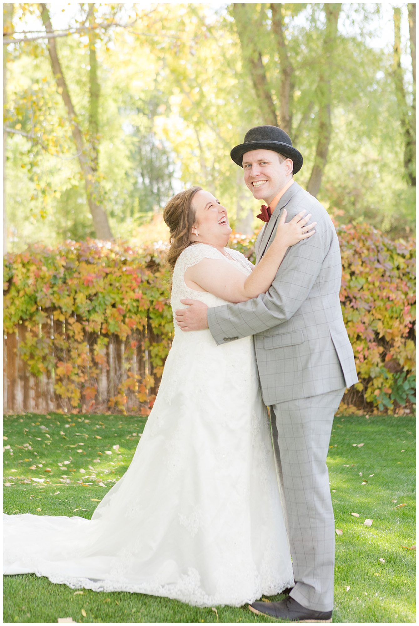 Bright, glowy fall foliage and a laughing bride and groom in Nampa, Idaho