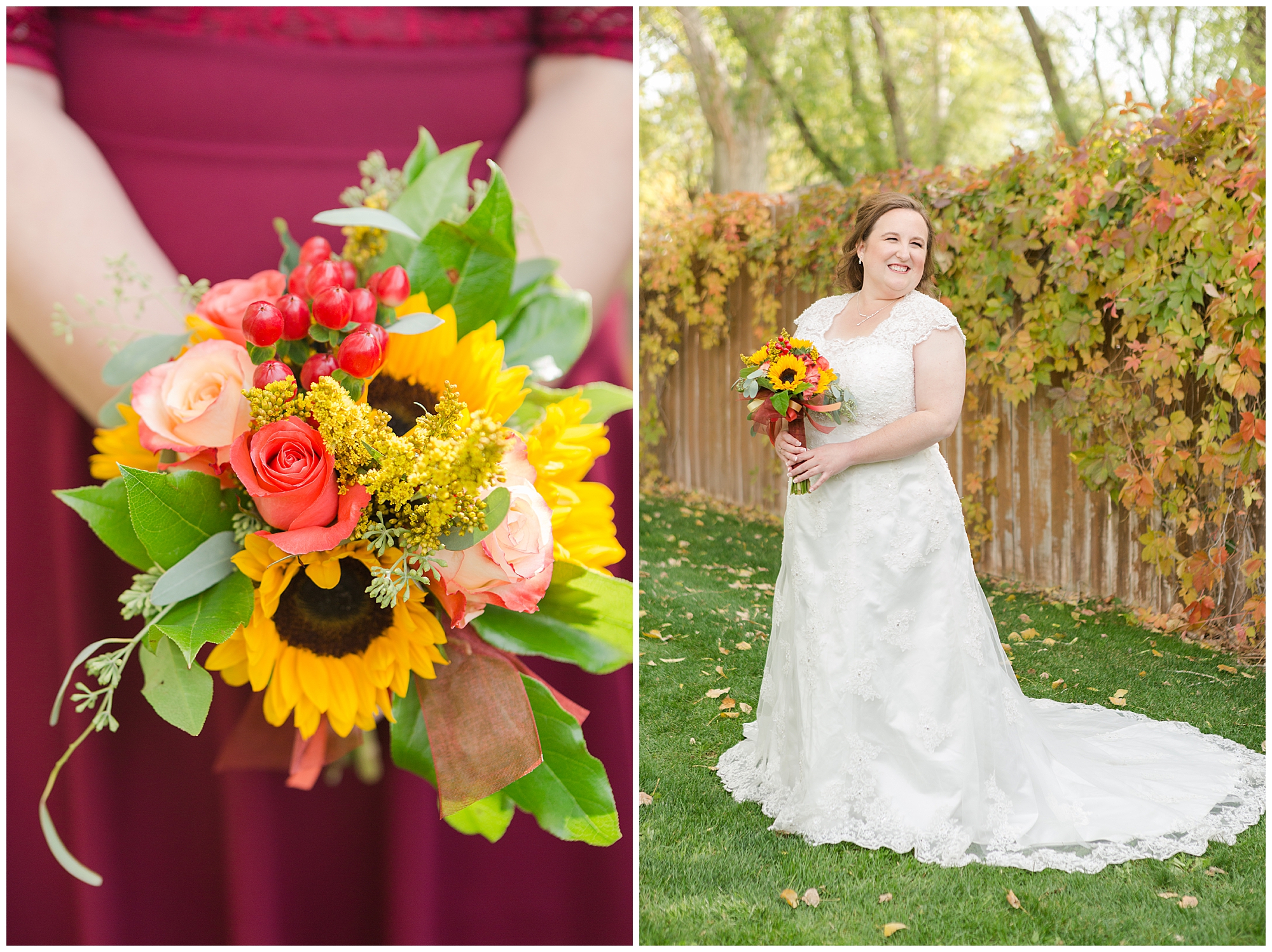 A bridesmaid in burgundy holding her bouquet; a portrait of the bride with her bouquet in front of a vine-covered wooden fence