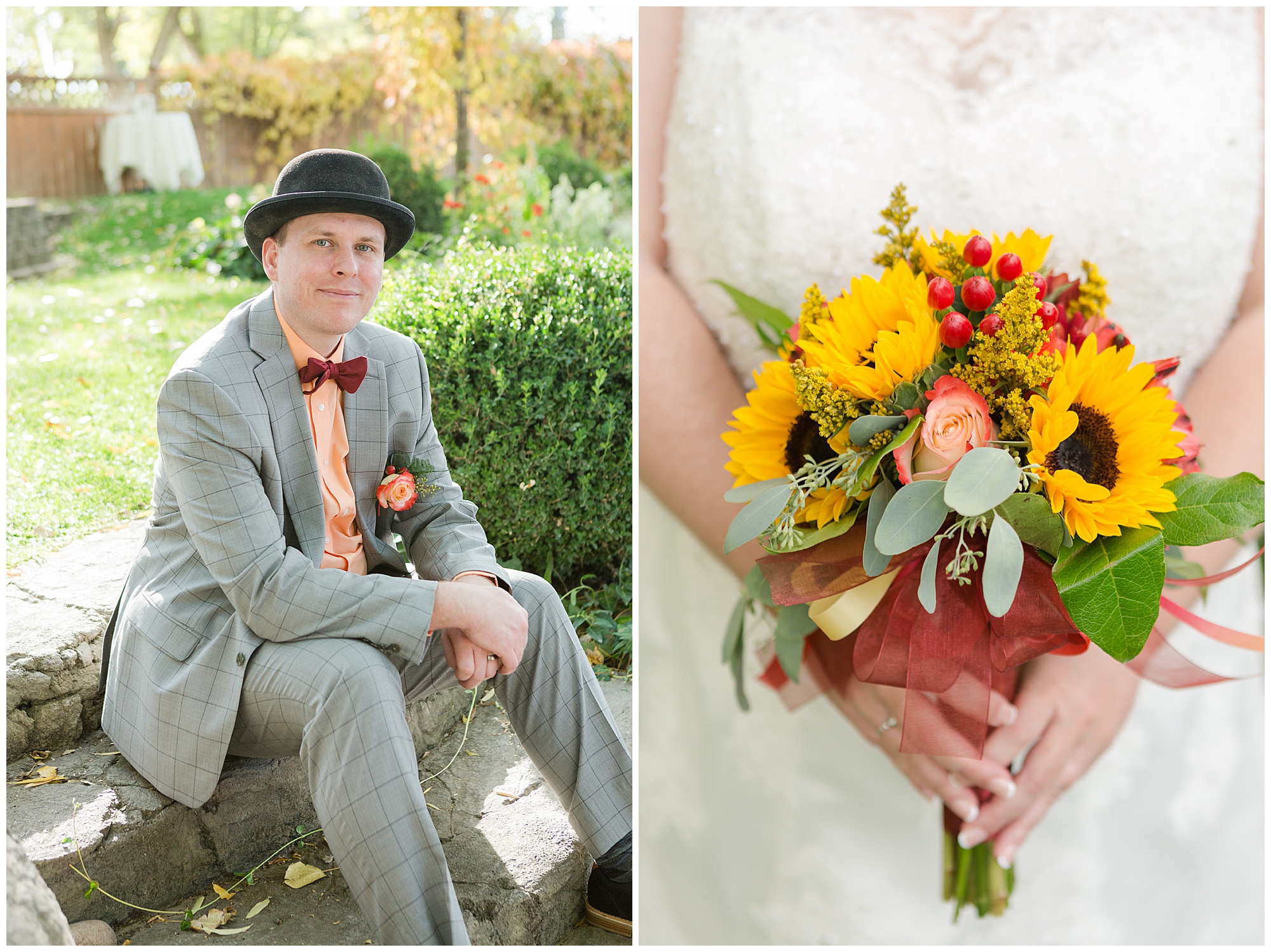 Groom in gray, peach, and red sitting on stone steps; close up of the bride's fall-inspired bouquet, featuring sunflowers