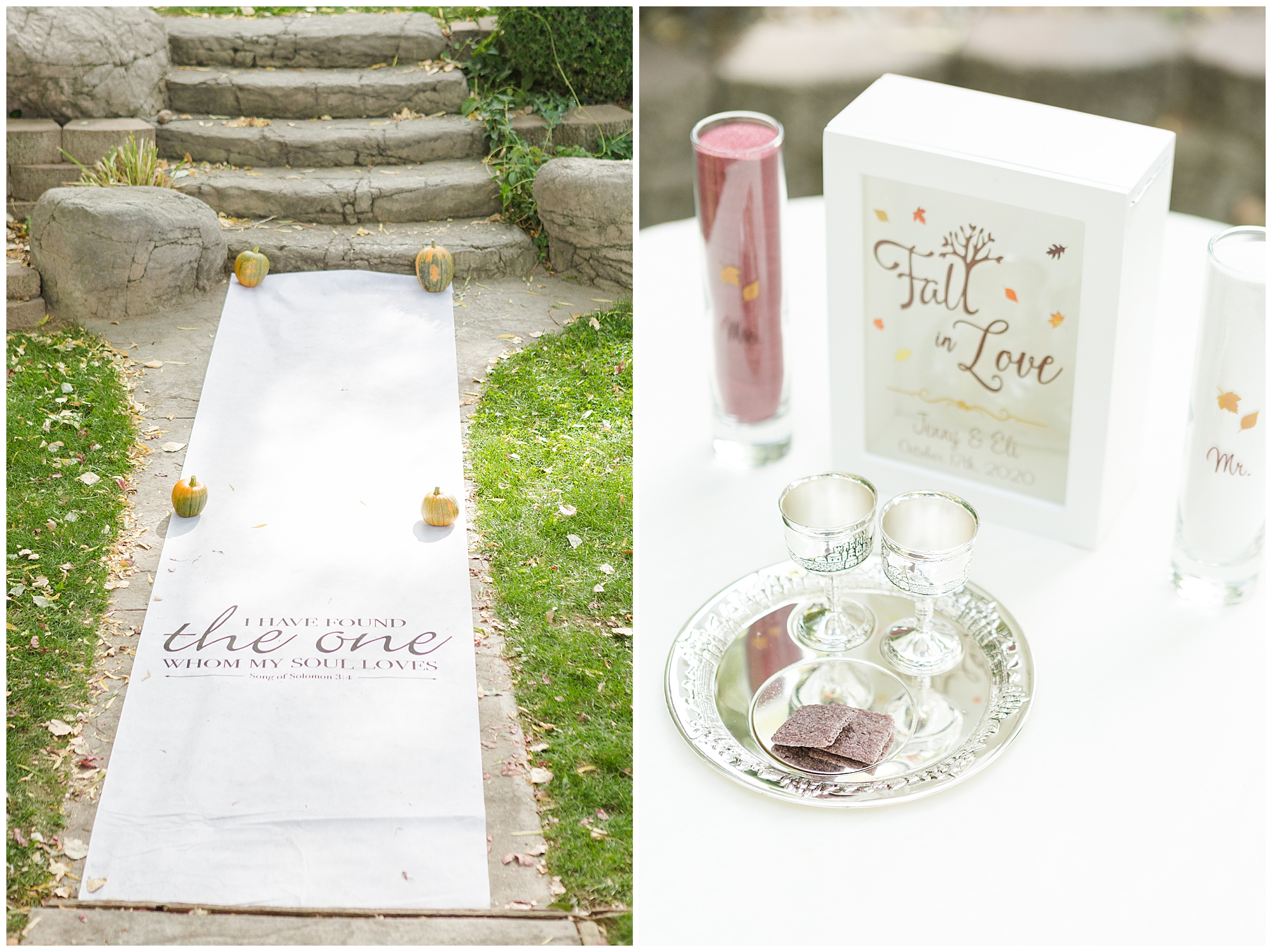 The aisle runner reads "I have found the one whom my soul loves" from Song of Solomon 3:1; communion elements and sand vases