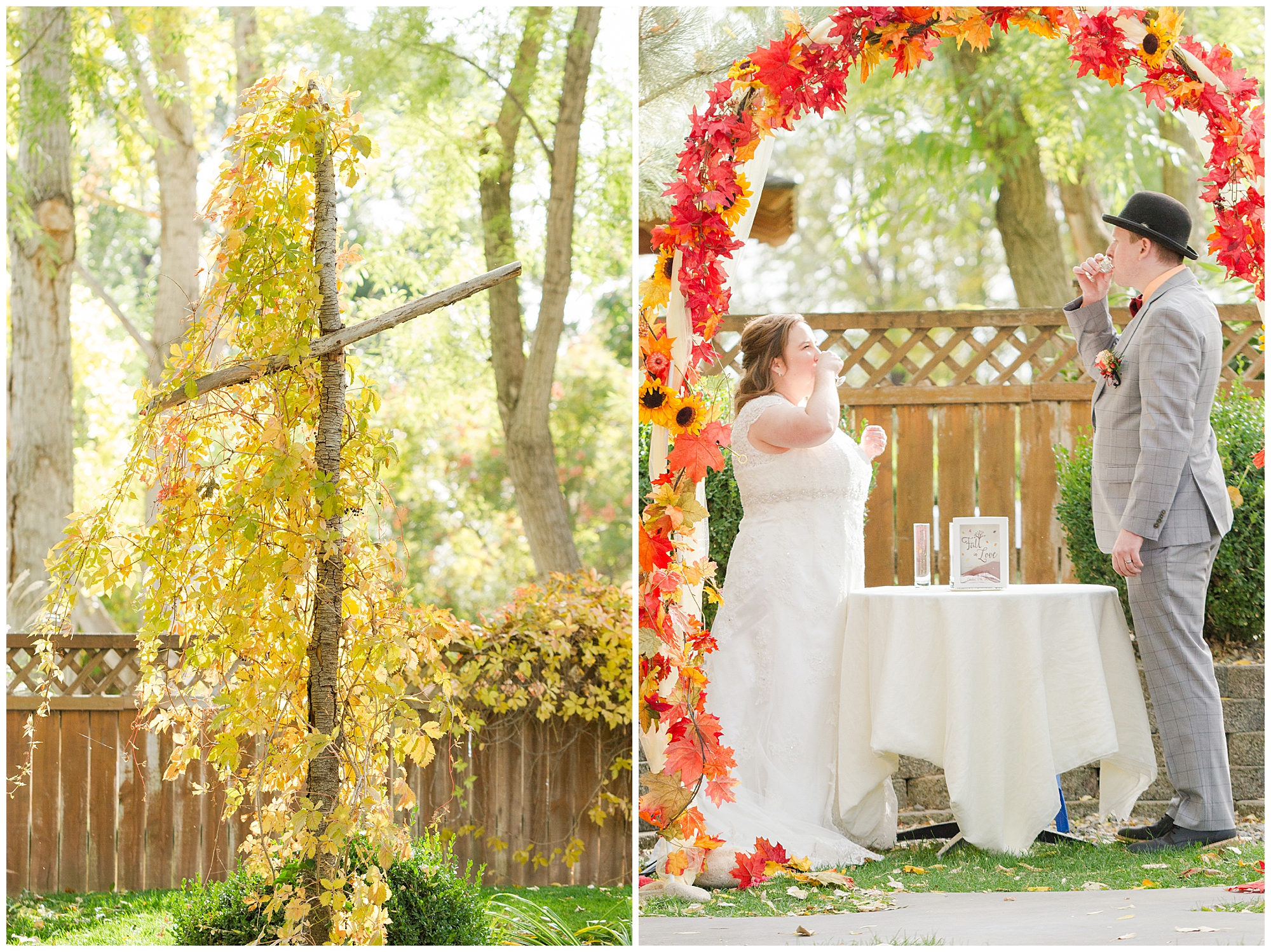 A wooden cross is covered with a creeping vine changing into golden autumn colors; the bride and groom partaking in communion during the ceremony