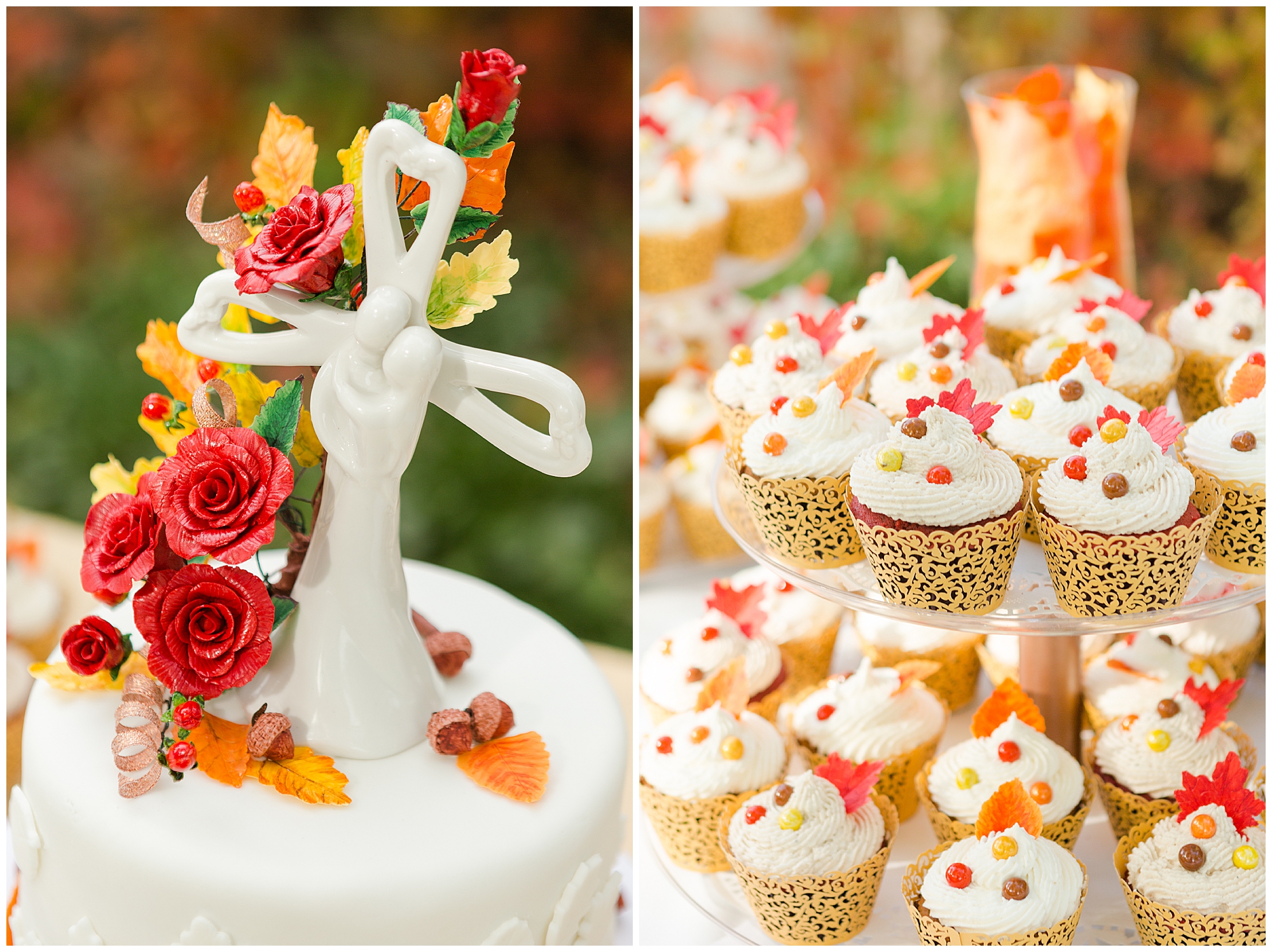 Close up images of the cake topper and autumn-themed cupcakes