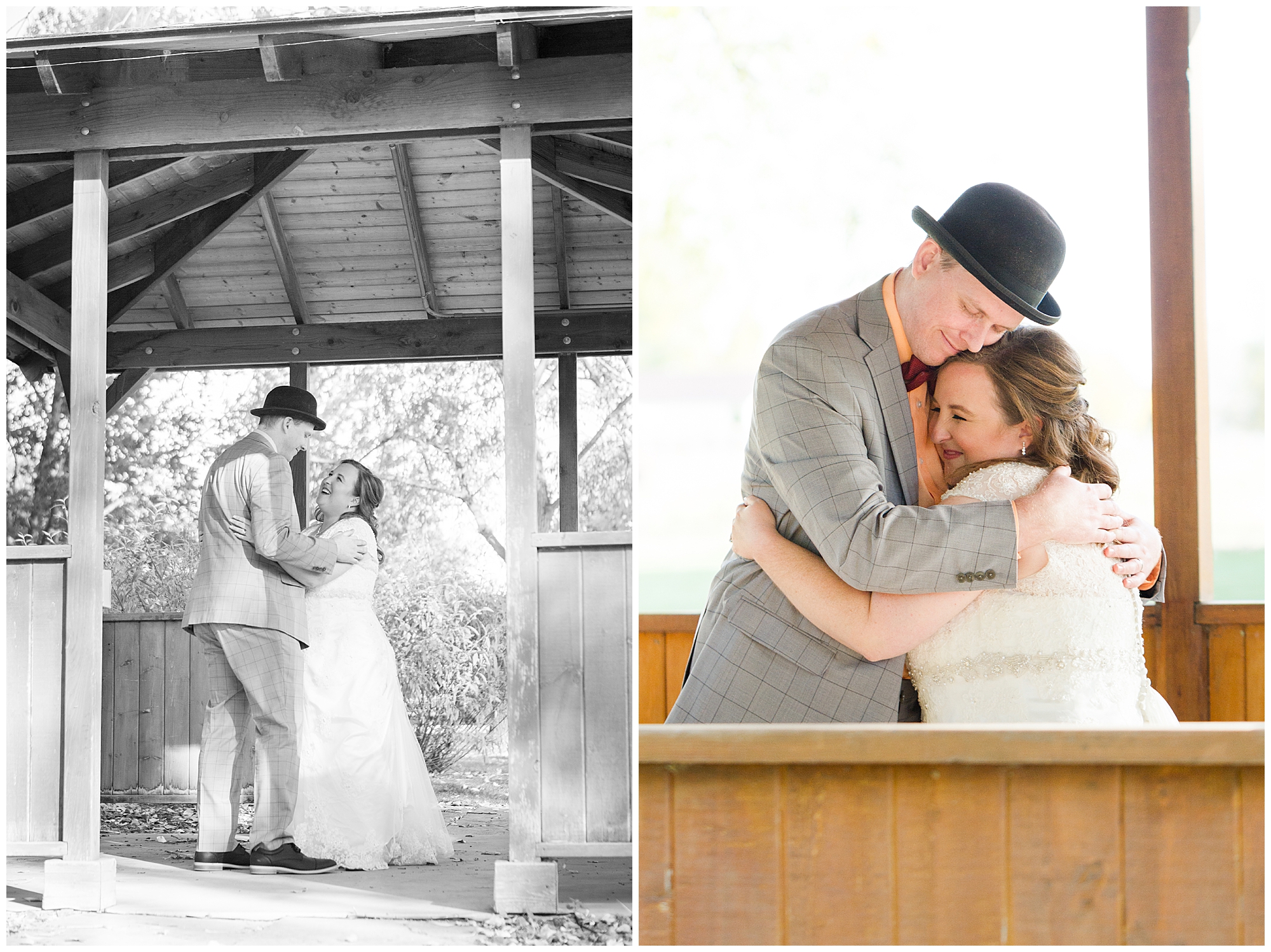 Two images of the bride and groom smiling during their first dance as a married couple