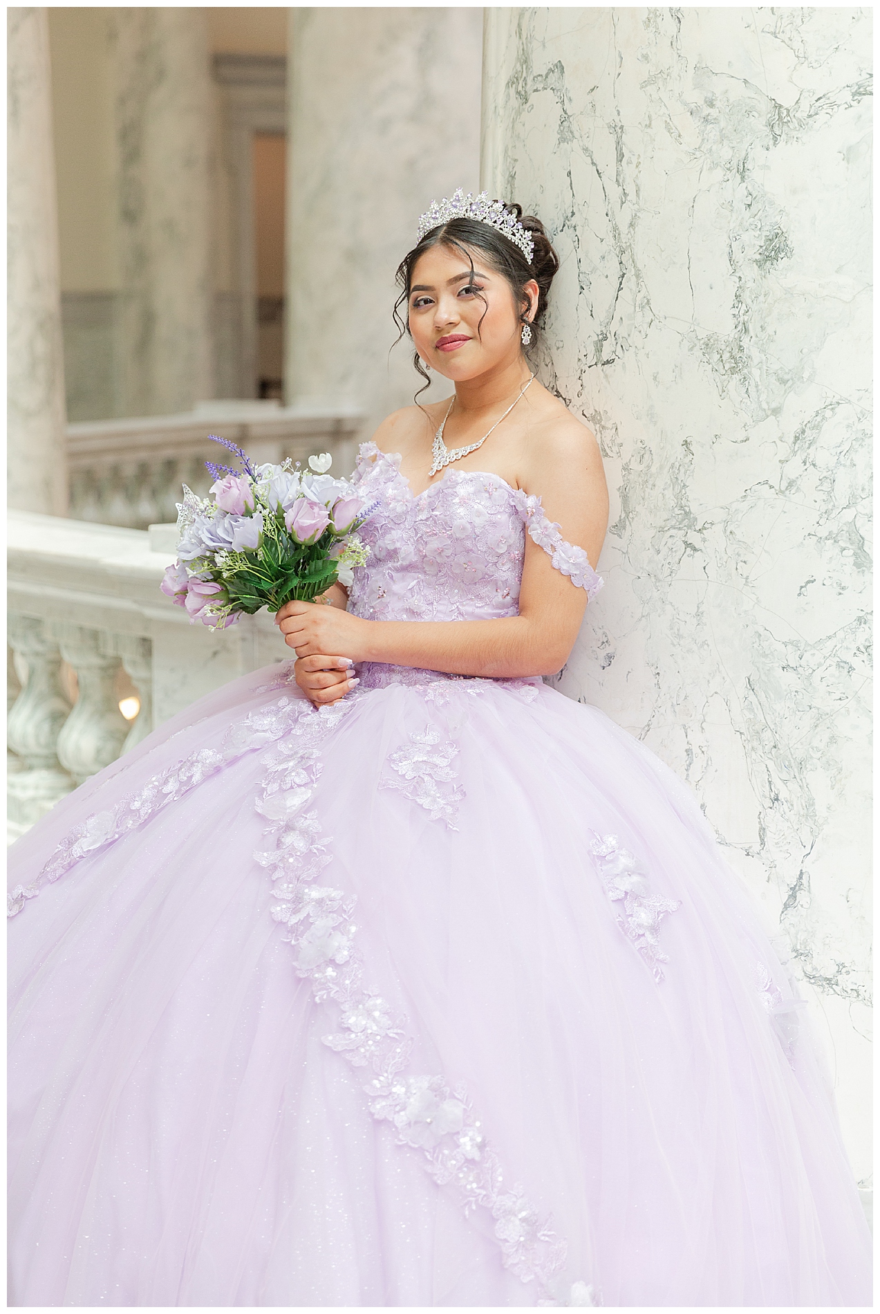 Girl in a purple quinceañera gown at the Boise Capitol