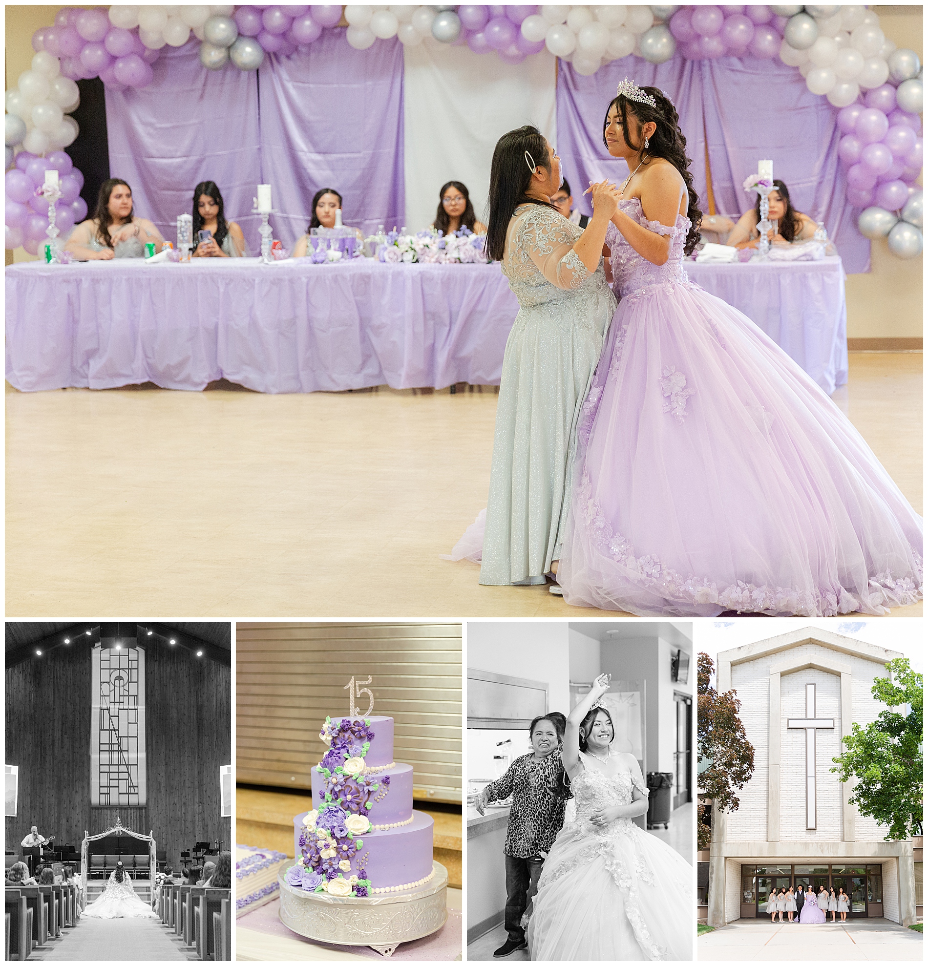 Collage from the quinceañera service and receptoin