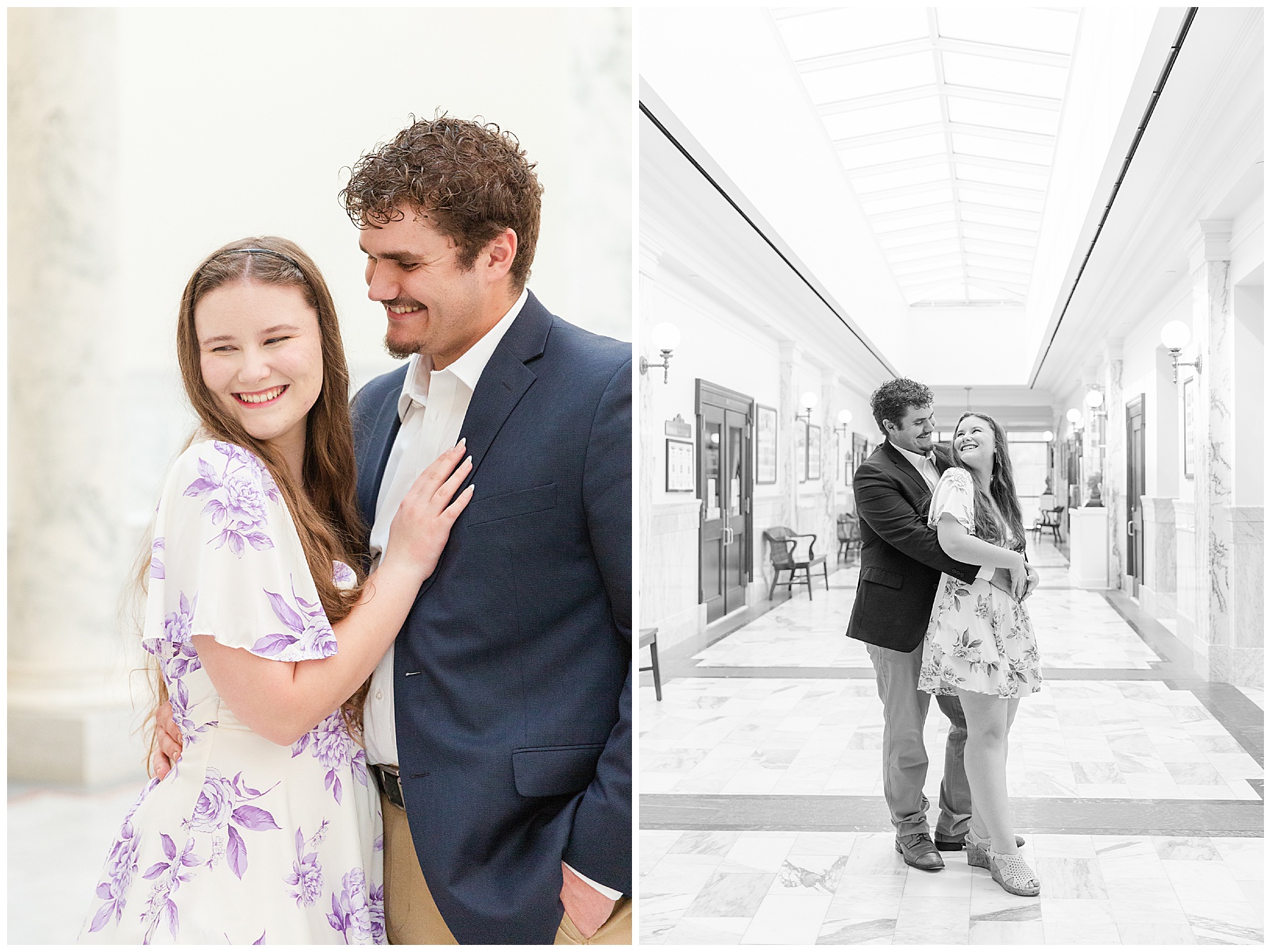 The couple by the marble columns; standing together in a hallway with skylights