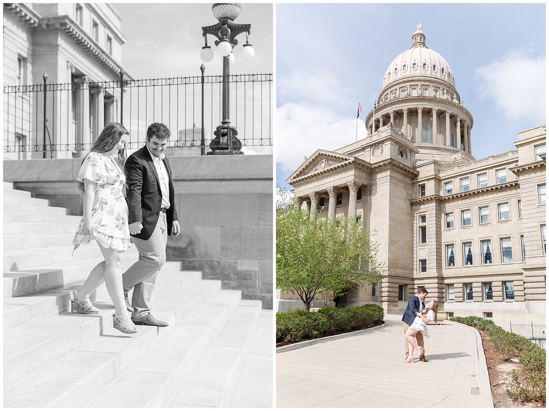 Engaged couple walking down the steps at the Idaho State Capitol; doing a dip with the whole Capitol rotunda in the background