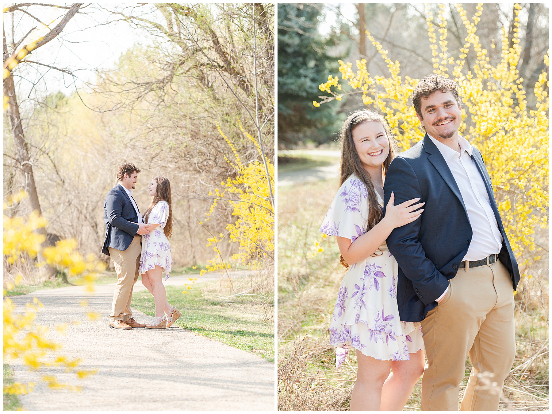 Portraits of the engaged couple in a park with yellow bushes in bloom