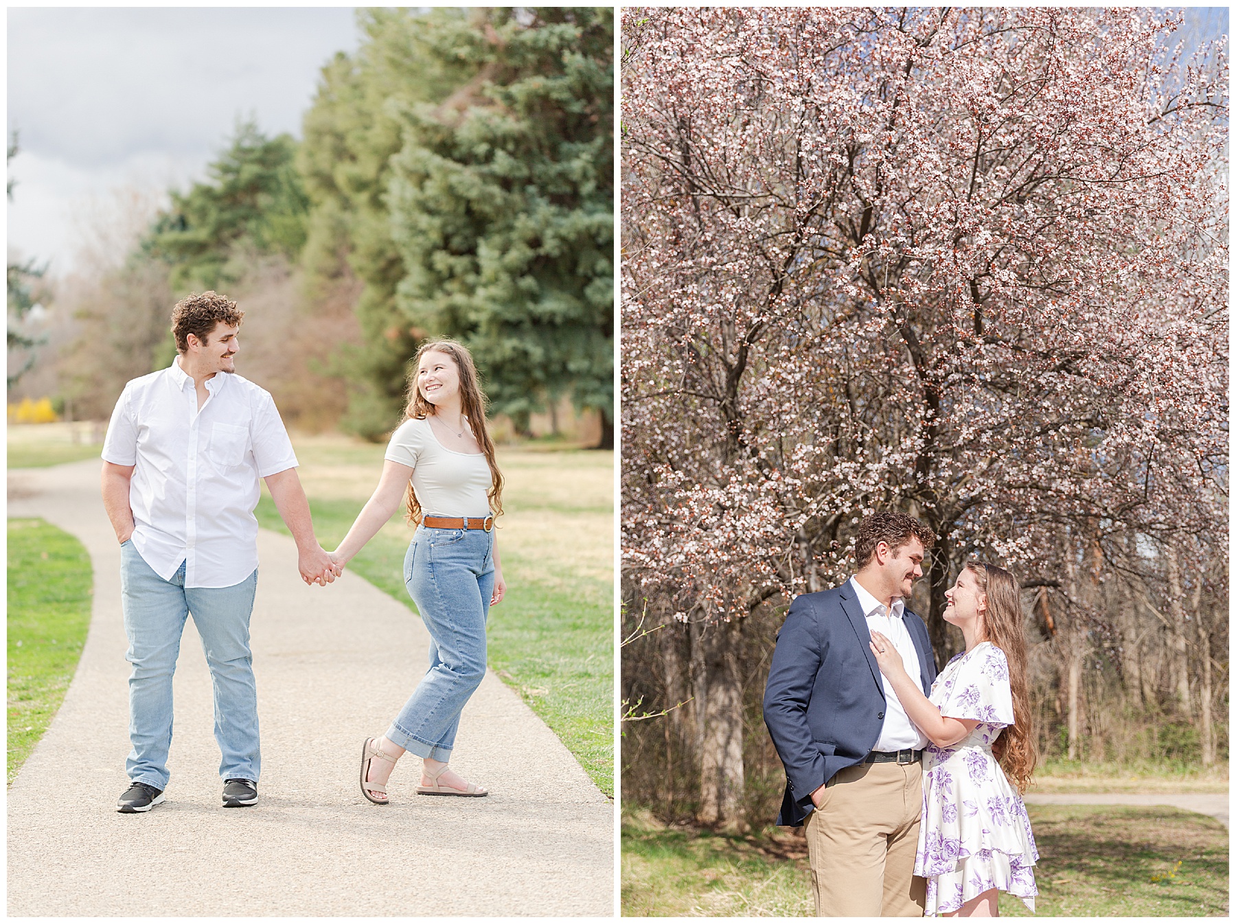 Holding hands on a sidewalk; standing close under a blossoming tree