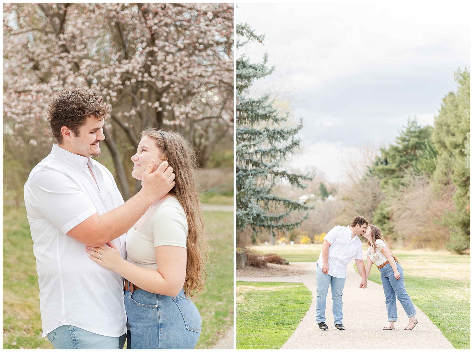 Man brushing his future bride's hair behind her ear; the couple leaning in for a kiss