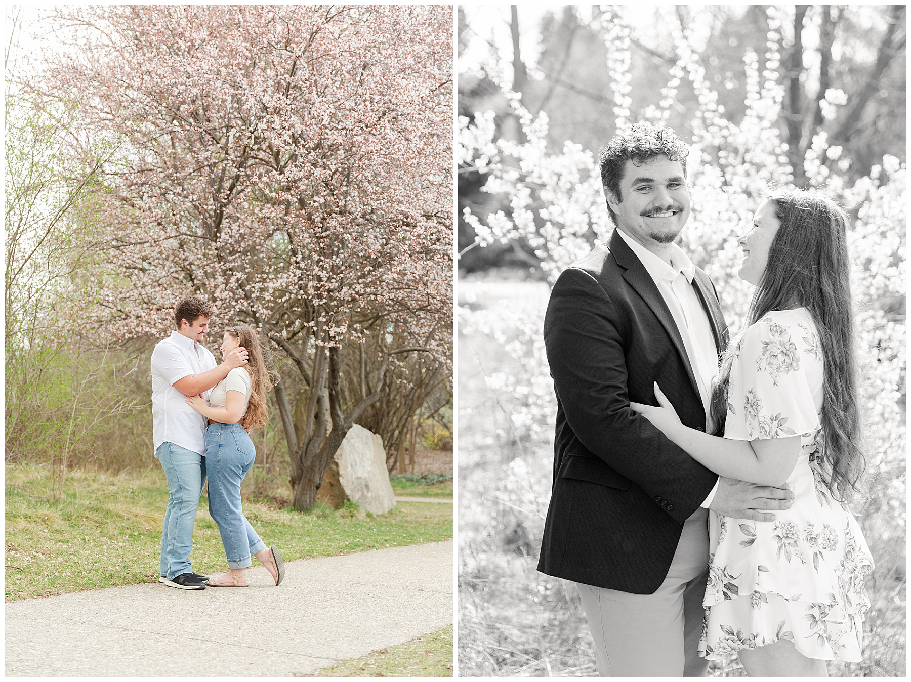 The engaged couple under a blossoming tree; the groom-to-be smiling at the camera