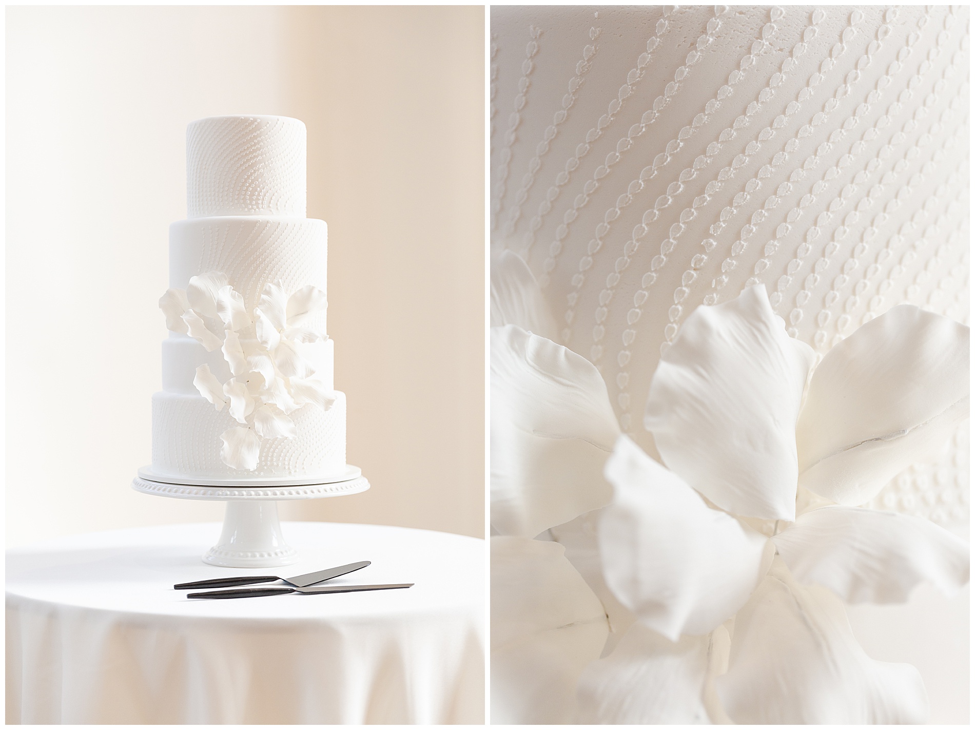 Details of the beautiful white wedding cake with white flowers and a swirl pattern by Dulcerella