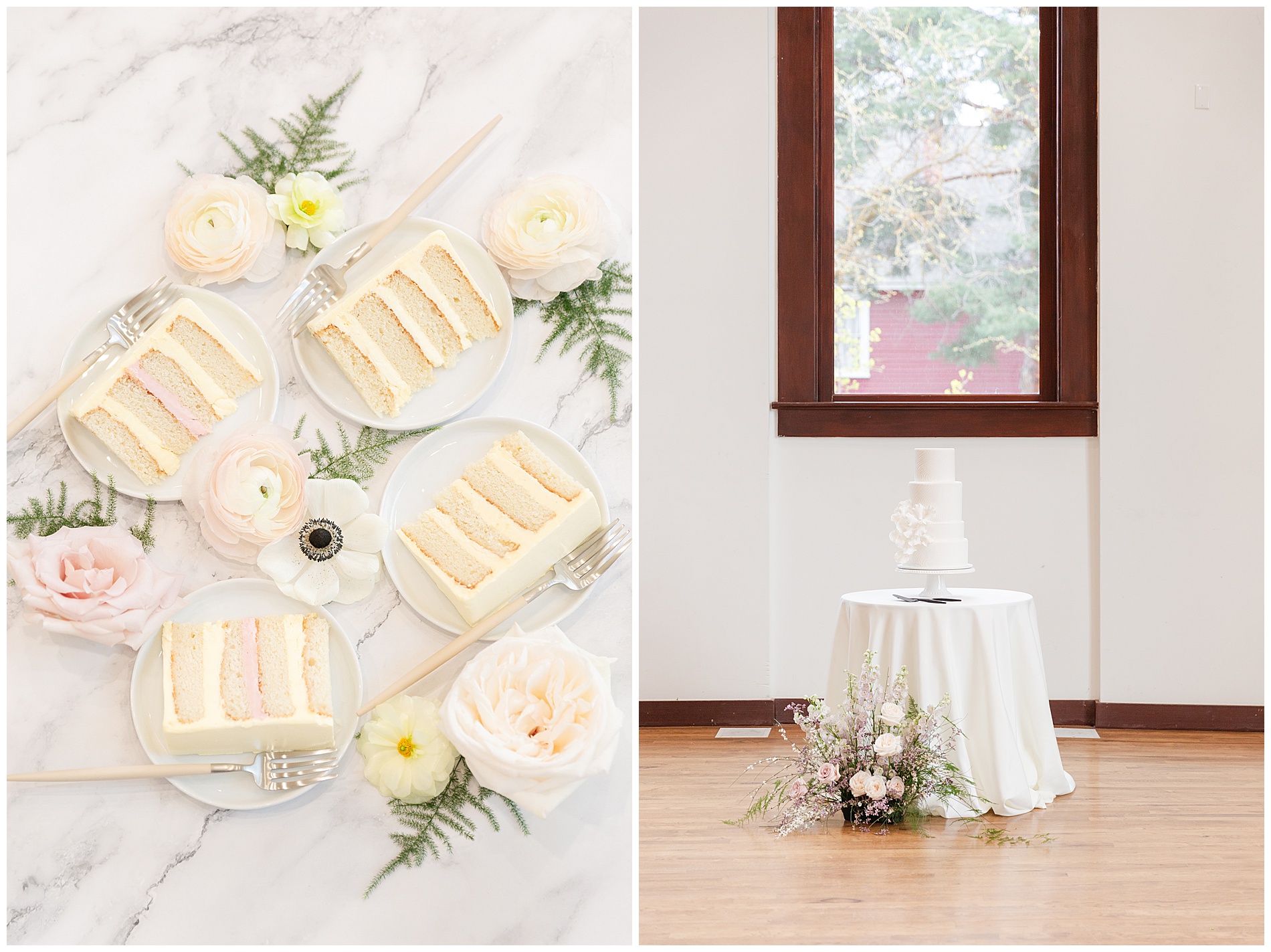 Flat lay of slices of layered cake on plates with forks and flowers; the wedding cake set up on its table beneath a large window