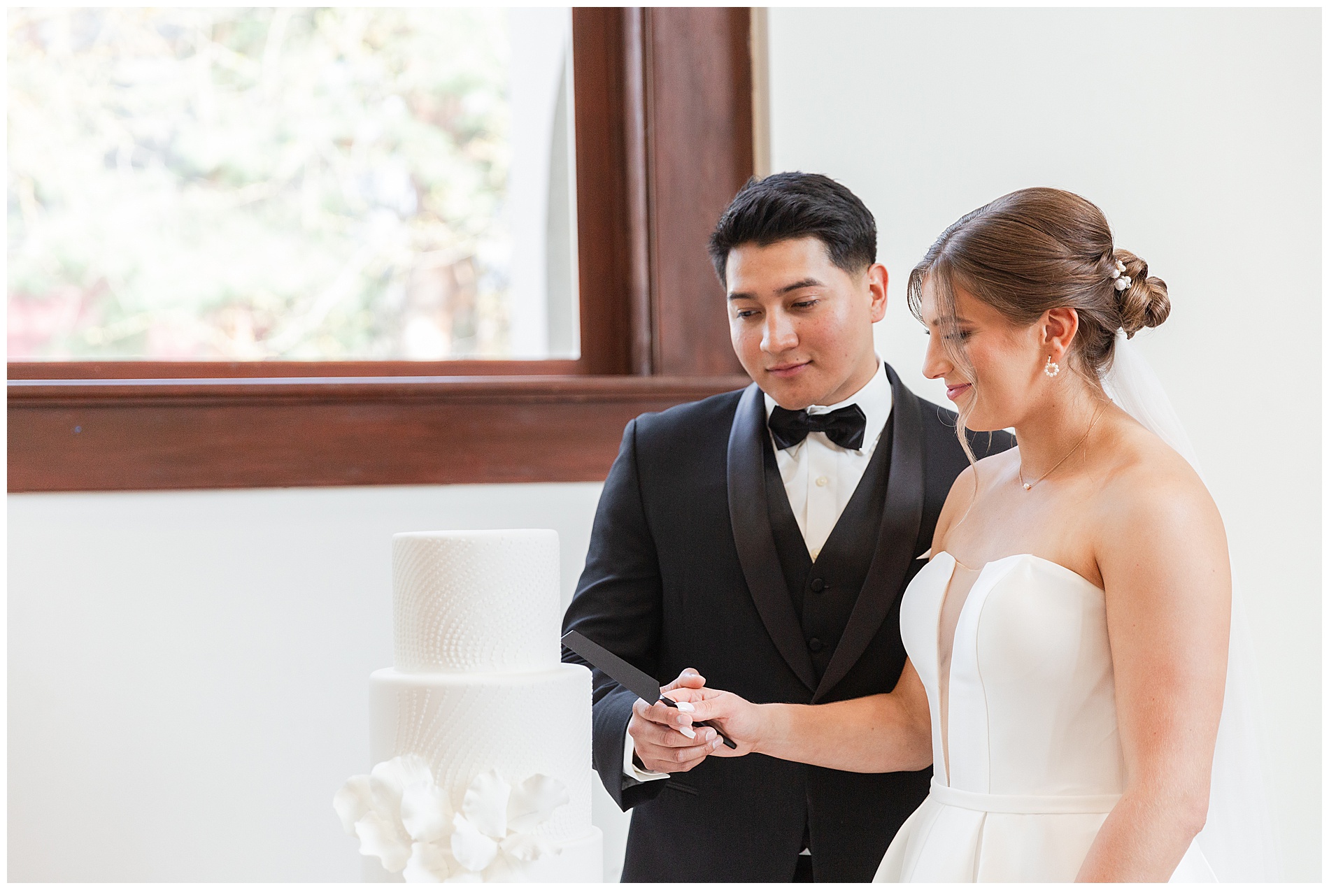 The groom and bride carefully cut their wedding cake